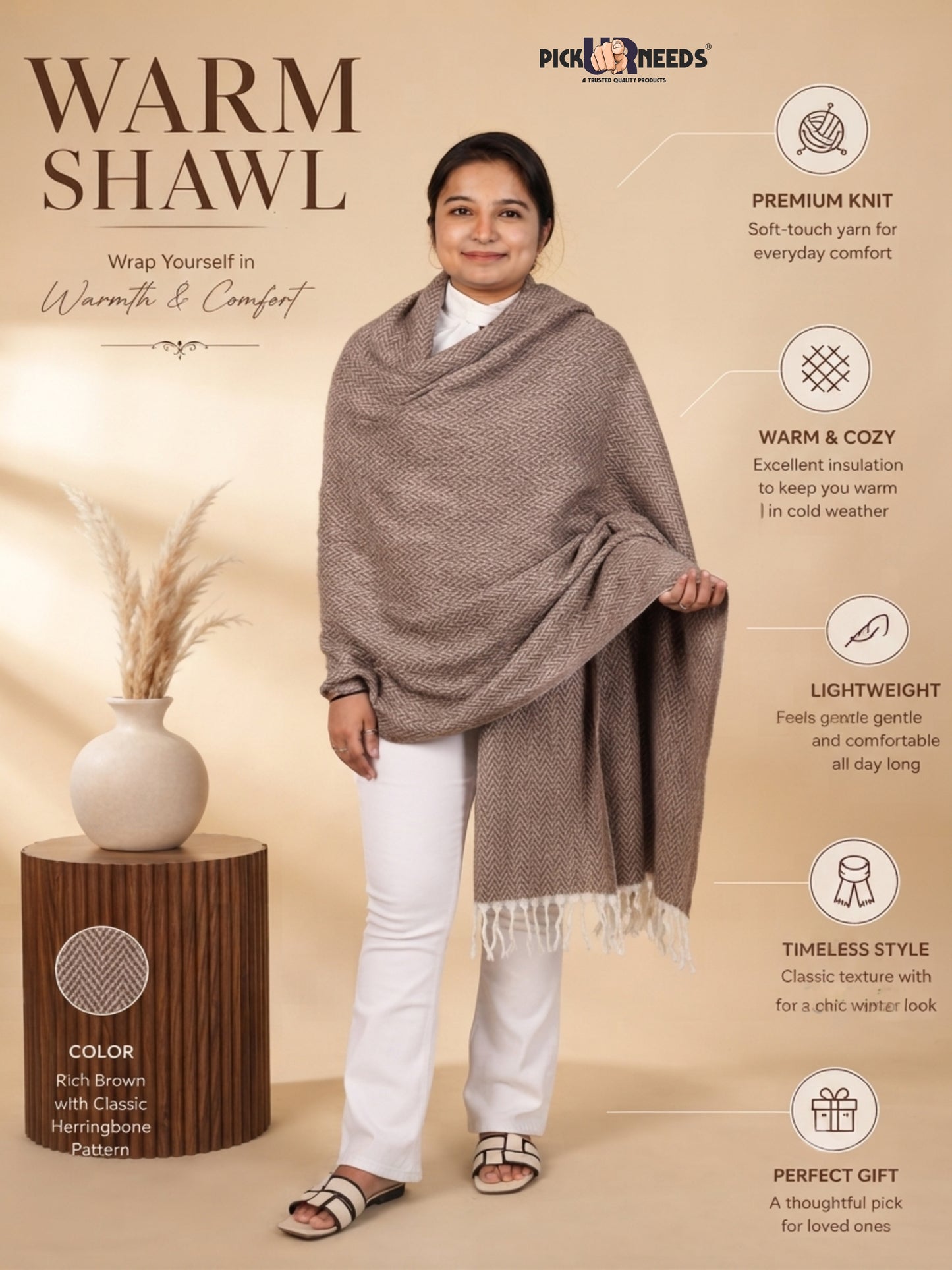 Pick Ur Needs Women’s Winter Muffler Shawl Soft & Warm Knitted Herringbone Wrap with Elegant Fringe Stole For Girls