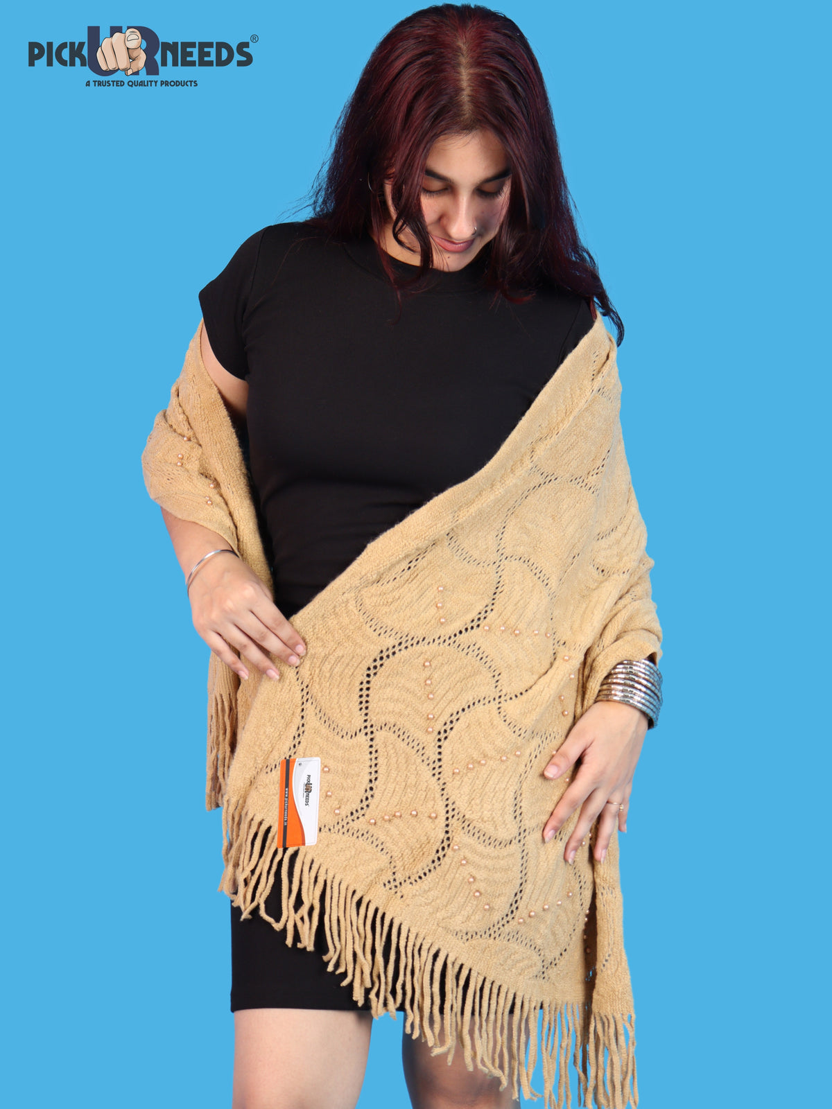Pick Ur Needs Women & Girls Winter Warm Woolen Shawl Stole with Pearl Work & Fringes – Soft Stylish Wrap