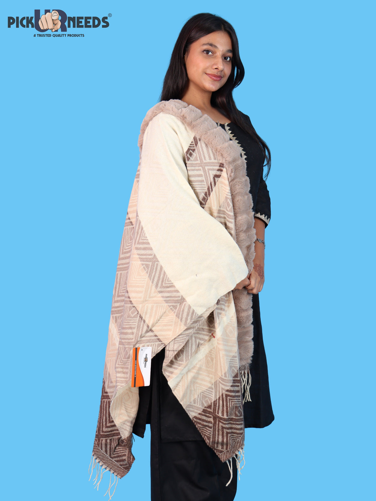 Pick Ur Needs Elegant Winter Soft & Warm Woolen Shawl with Faux Fur Border Multi Color Pattern Scarf