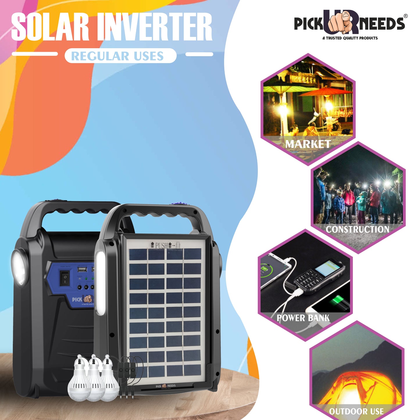 Pick Ur Needs Solar Chargeable Inverter Set Torch + Side Emergency Light + 3 Bulb 2 USB Port 7 hrs Torch Emergency Light