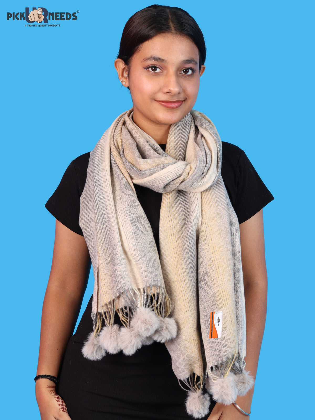Pick Ur Needs Soft Woolen Designer Winter Shawl with Beautiful Floral Pattern & Pom Pom Tassels For Girls & Womens