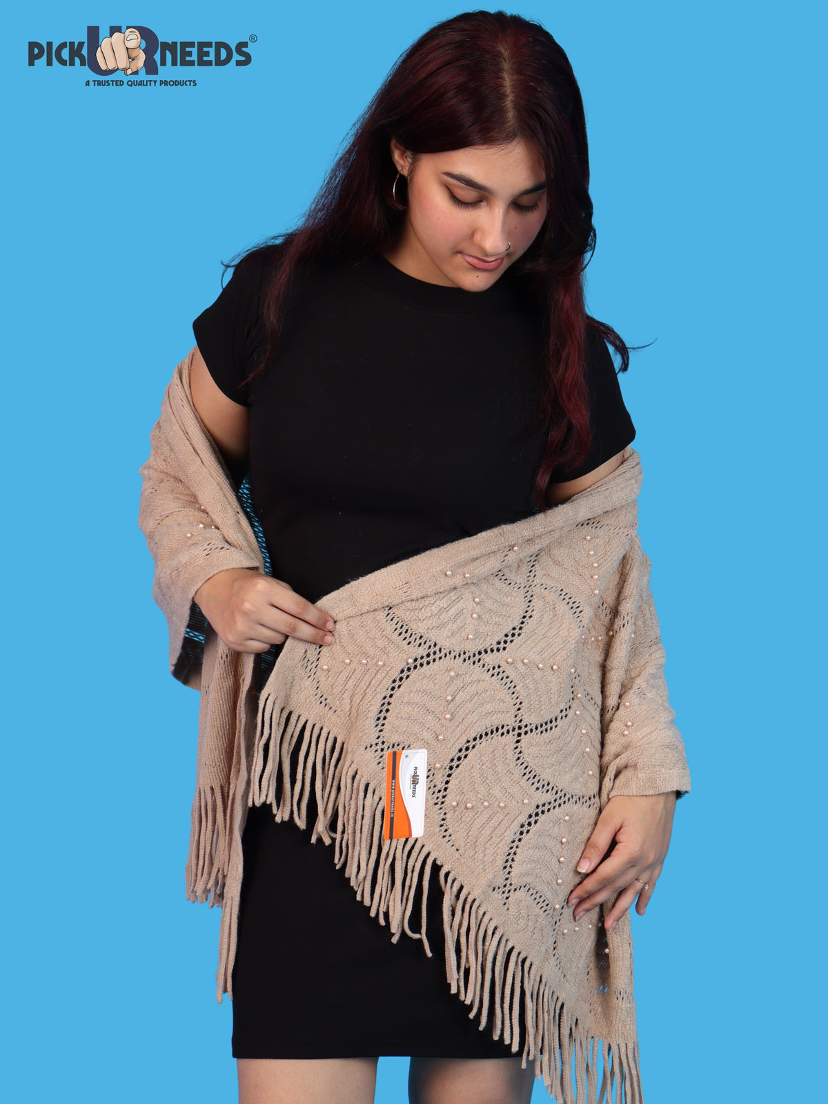 Pick Ur Needs Women & Girls Winter Warm Woolen Shawl Stole with Pearl Work & Fringes – Soft Stylish Wrap