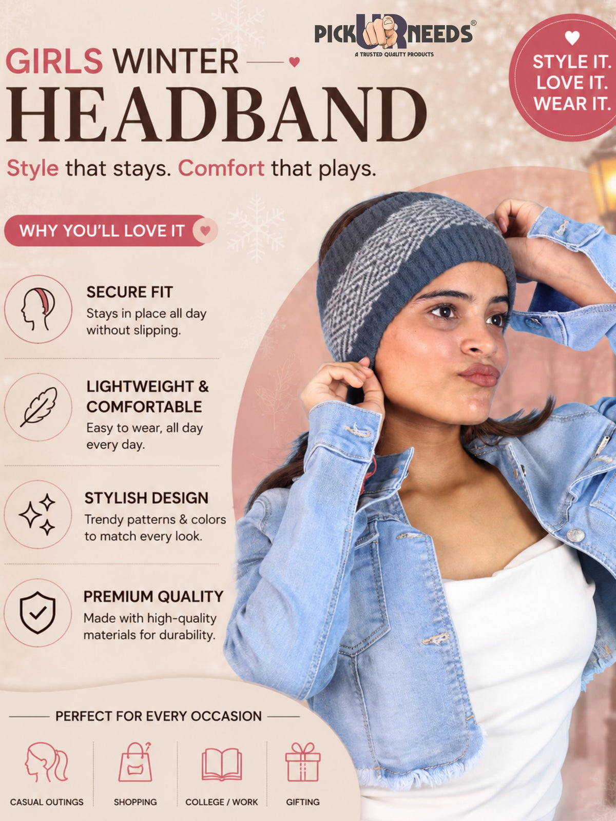 Pick Ur Needs Unisex Winter Headband Ear Warmer For Women & Men Soft Stretch Warm Head Wrap with Geometric Pattern