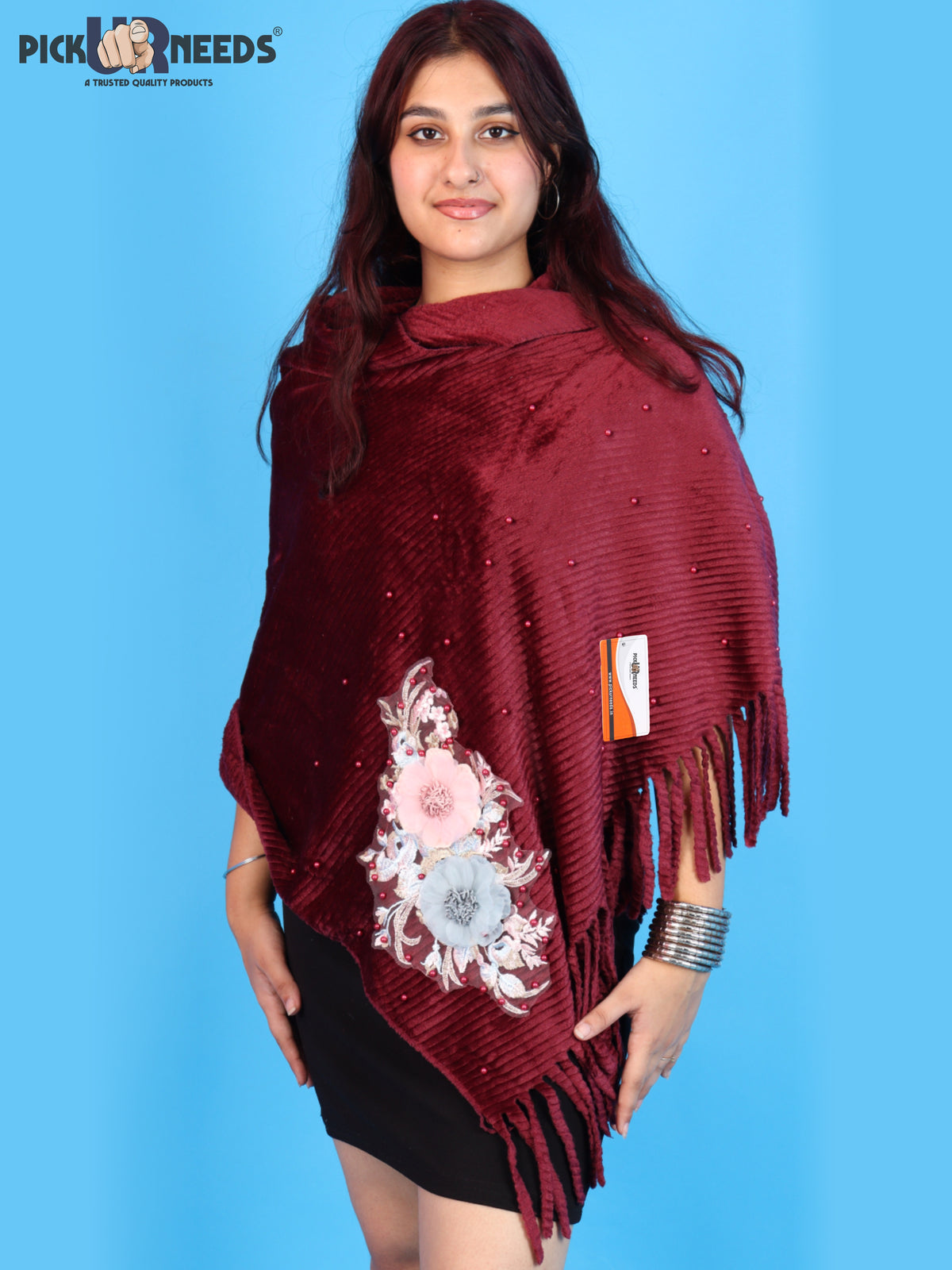 Pick Ur Needs Premium Floral Embroidered Winter Shawl Stole Soft Warm Wrap with Pearl Embellishments & Fringed Border For Girls & Womens
