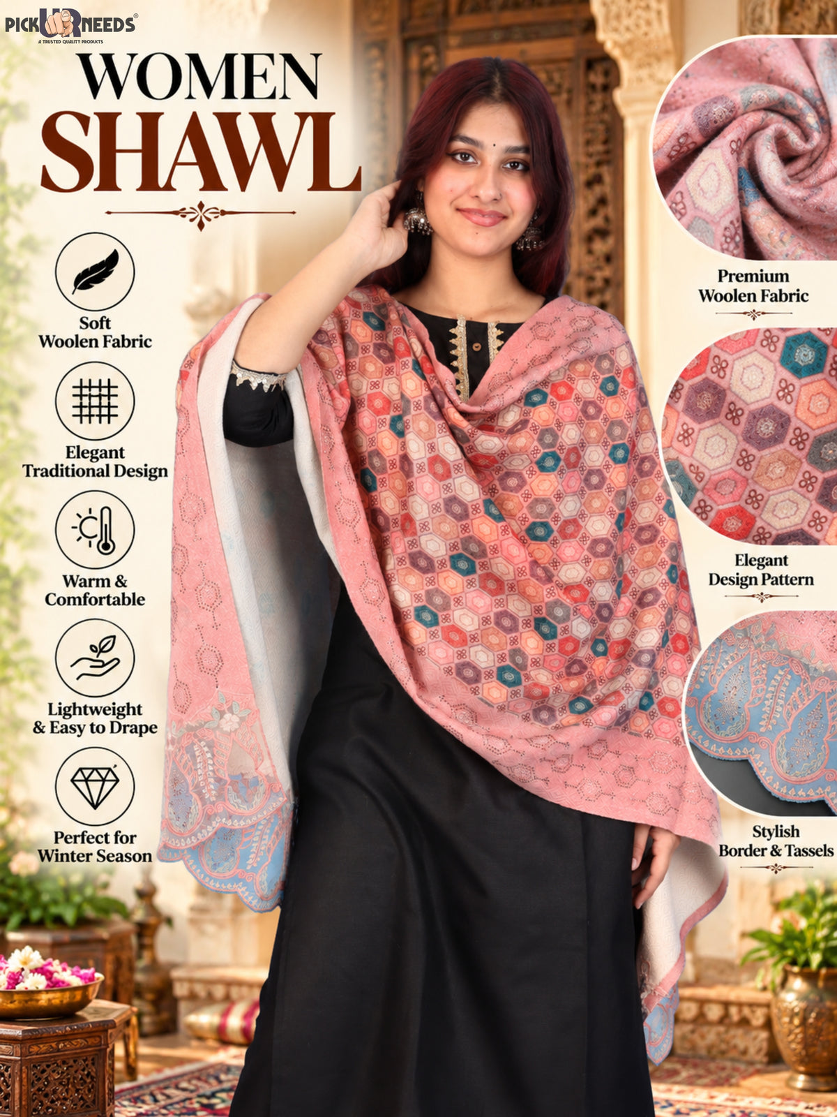 Pick Ur Needs Premium Stylish Womens & Girls Elegant Woolen Shawl Soft Warm Printed Stole with Lace Tassels