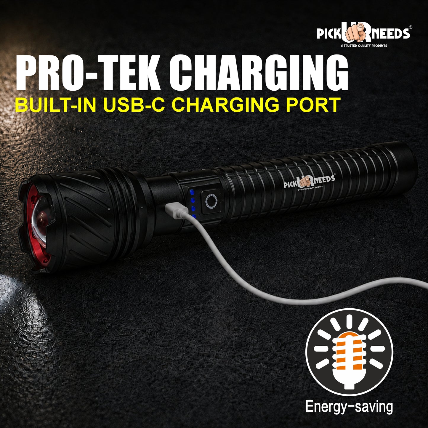 Pick Ur Needs High Power Rechargeable Metal Torch Light with 4000mAh Battery 4 Lighting Modes Portable LED Searchlight for Camping & Emergency