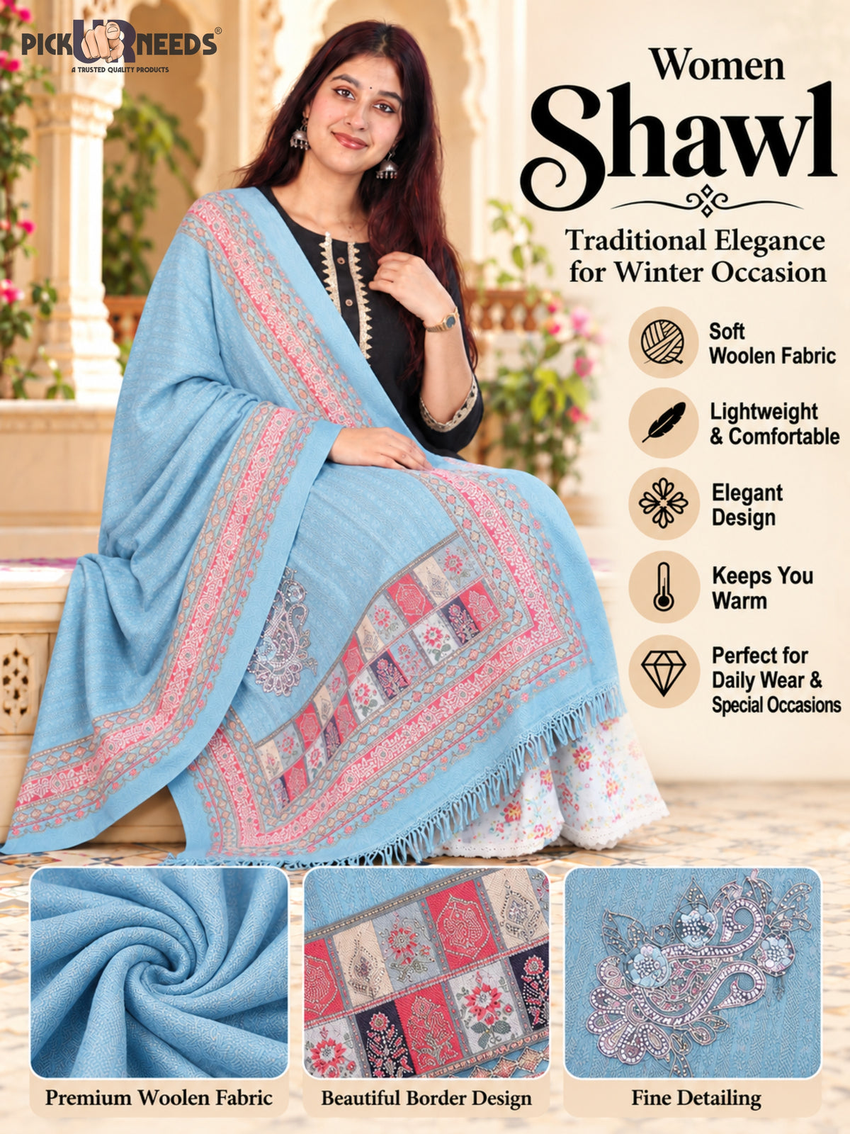 Pick Ur Needs Premium Soft Woolen Women & Girls Stylish Shawl with Elegant Design for Winter & Wedding
