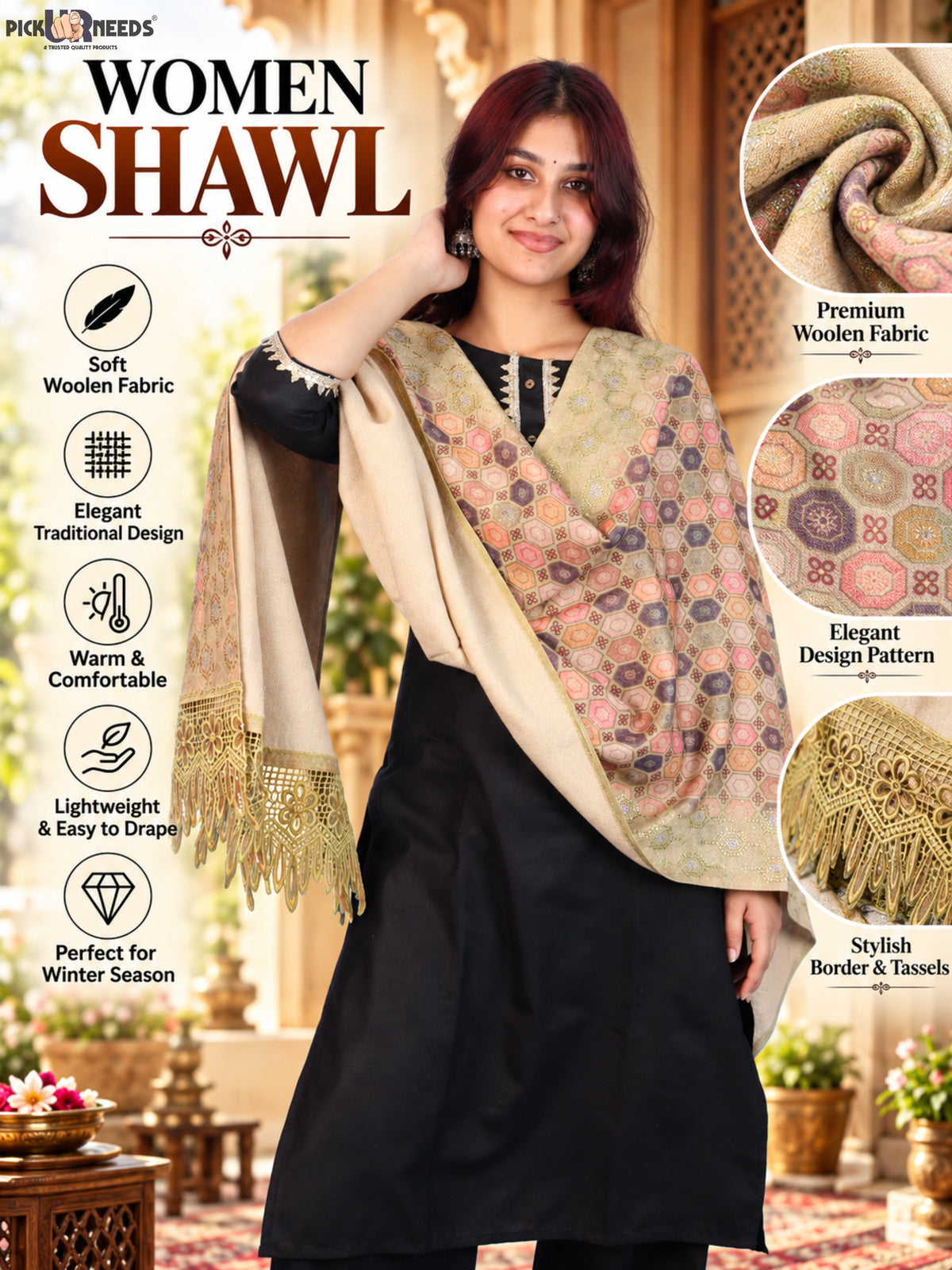 Pick Ur Needs Premium Stylish Womens & Girls Elegant Woolen Shawl Soft Warm Printed Stole with Lace Tassels
