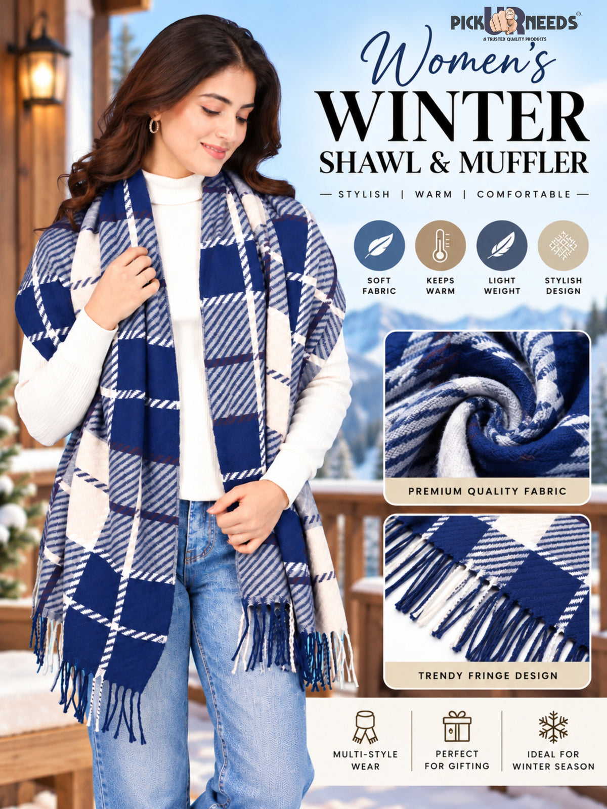 Pick Ur Needs Women's Winter Shawl & Muffler Soft Warm Checkered Printed Stole with Tassels Stylish Neck Wrap Scarf for Women & Girls