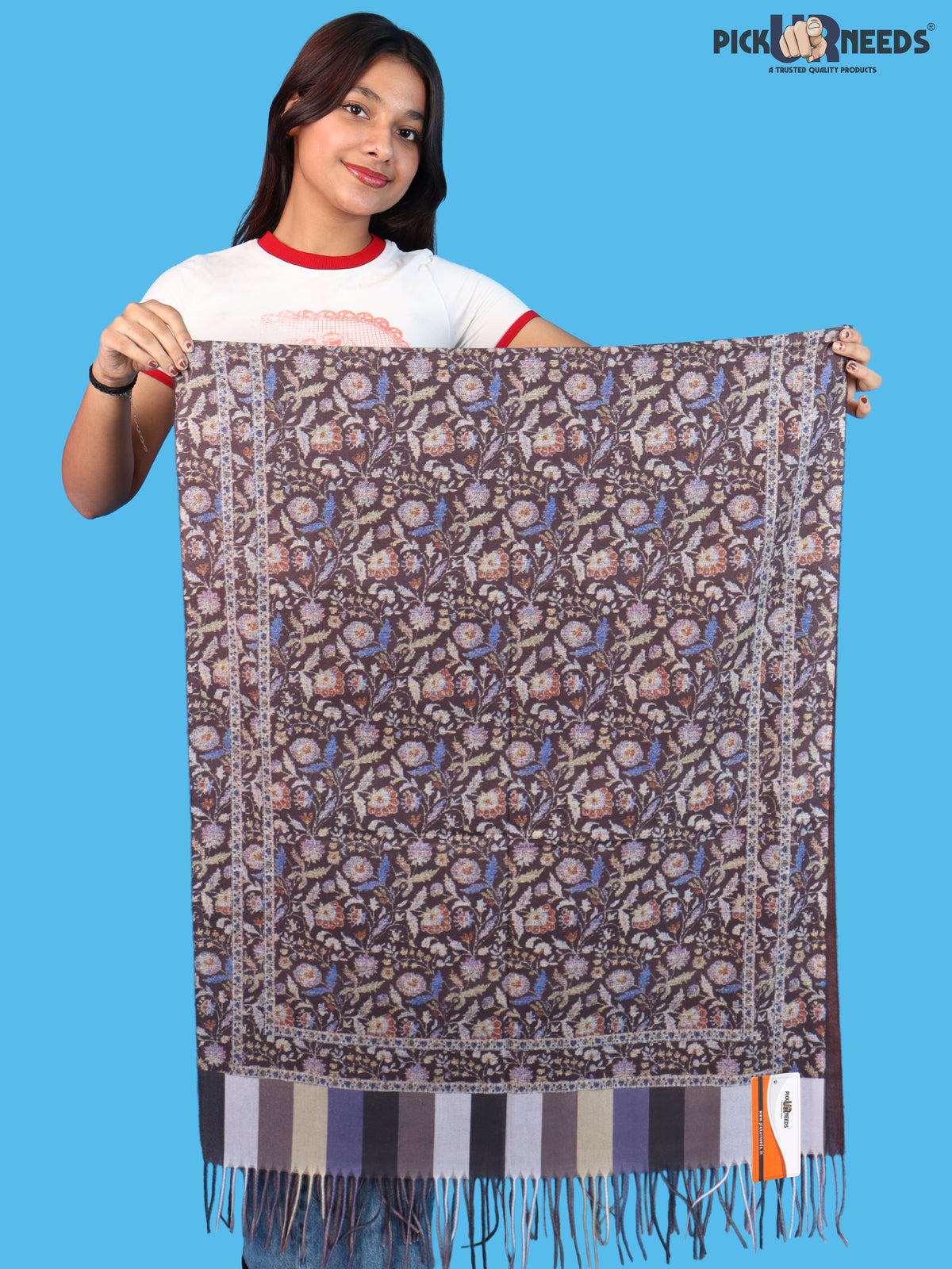 Pick Ur Needs Women & Girls Soft Woolen Shawl Elegant Floral Design Winter Neck Scarf with Decorative Border & Fringes