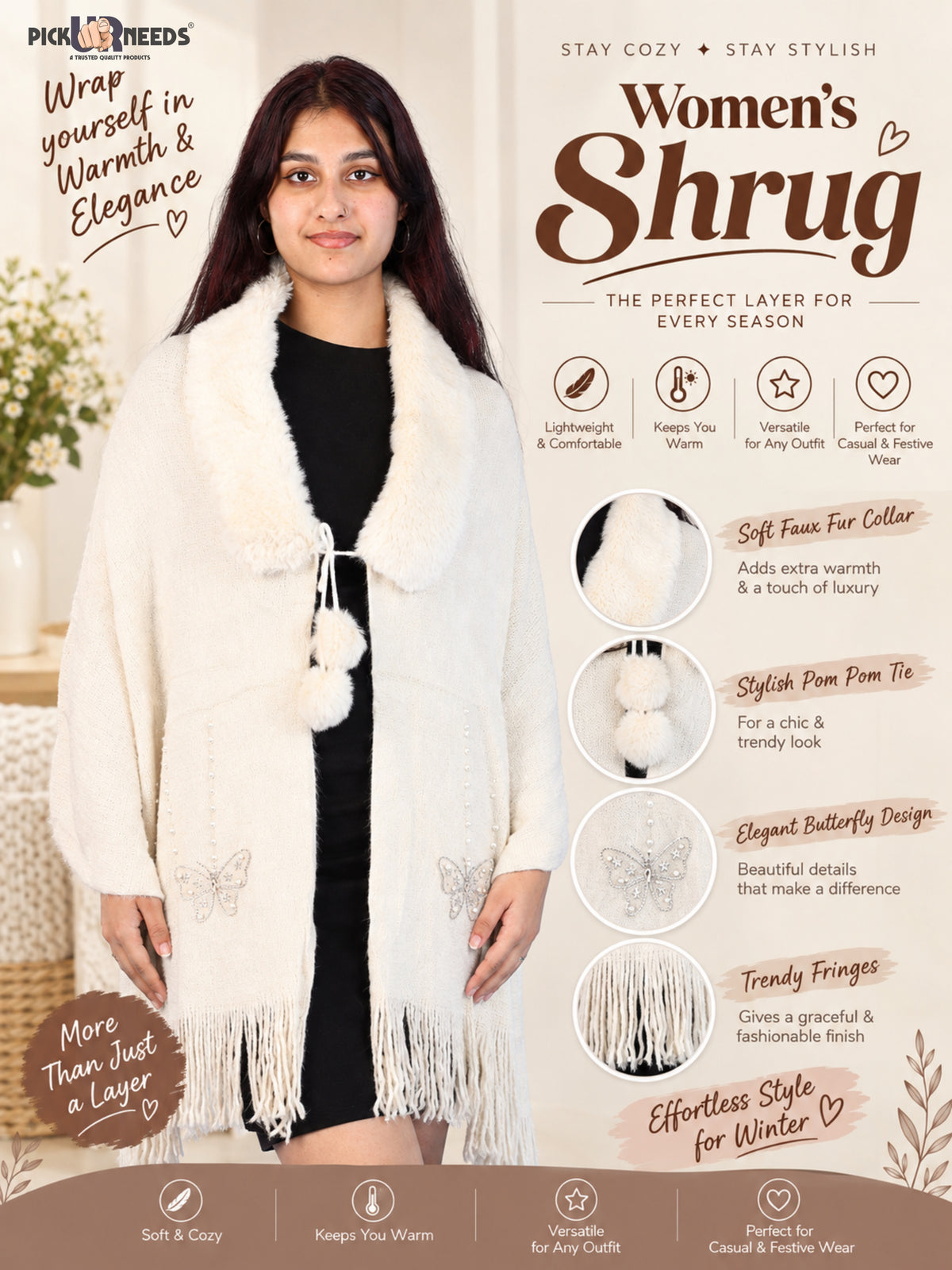 Pick Ur Needs Womens Faux Fur Collar Shrug with Pom Pom Tie Shawl Elegant Fringed Winter Wrap for Women & Girls