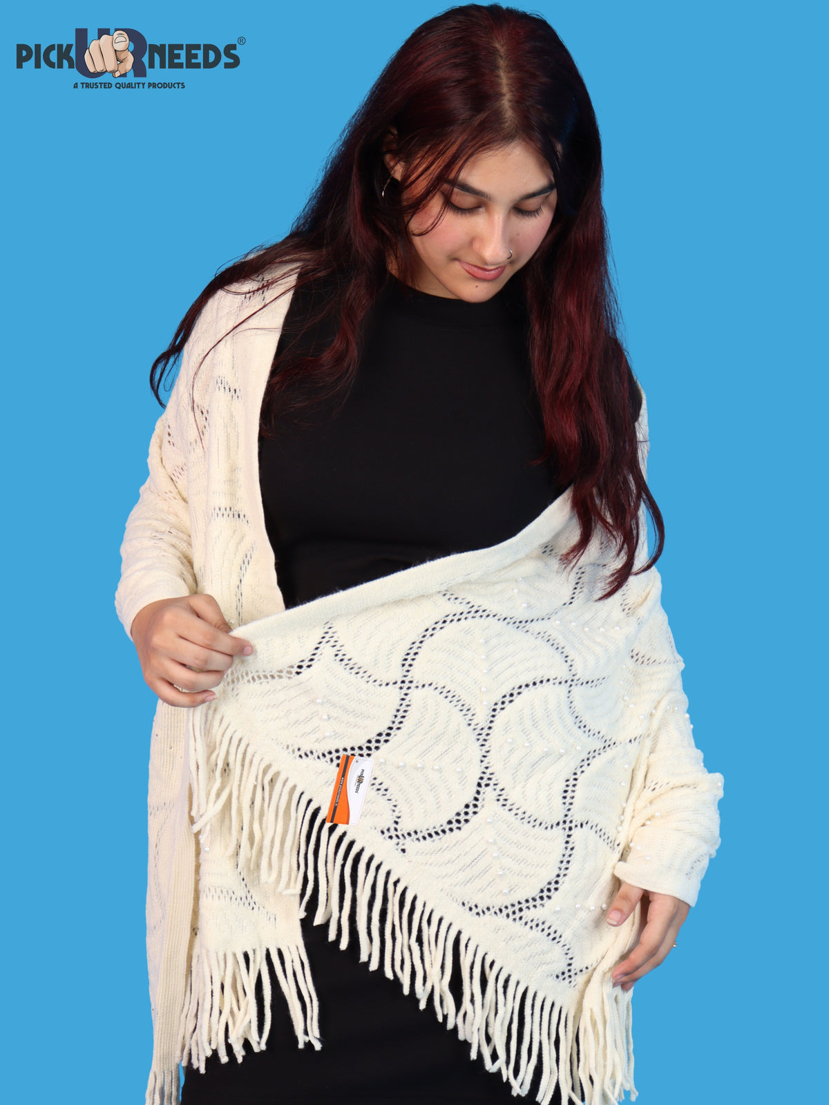 Pick Ur Needs Women & Girls Winter Warm Woolen Shawl Stole with Pearl Work & Fringes – Soft Stylish Wrap