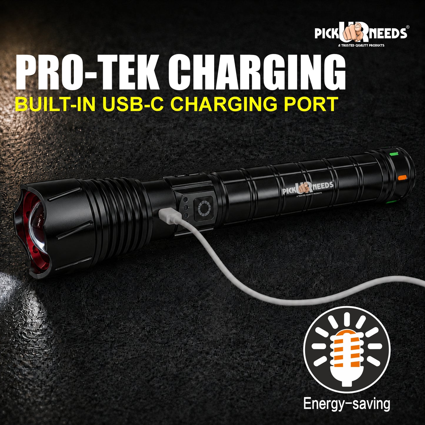 Pick Ur Needs Long Range Rechargeable Metal LED Torch Emgergency Search Zoomable Flashlight with 4000mAh Battery 4 Lighting Modes