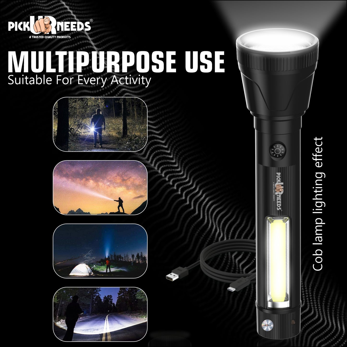 Pick Ur Needs Rechargeable 50W+Tube LED Torch Light With 3 Brightness Mode + C Type Charging 3 hrs Torch Emergency Light