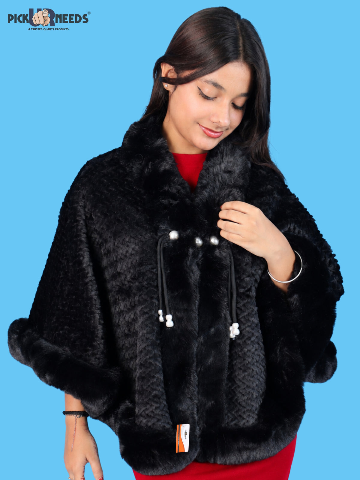 Pick Ur Needs Ladies Winter Shrug with Plush Fur Style Border & Pearl Bead Accents Textured Soft Fabric Open Front Cape Poncho with Wide Sleeves for Girls & Women
