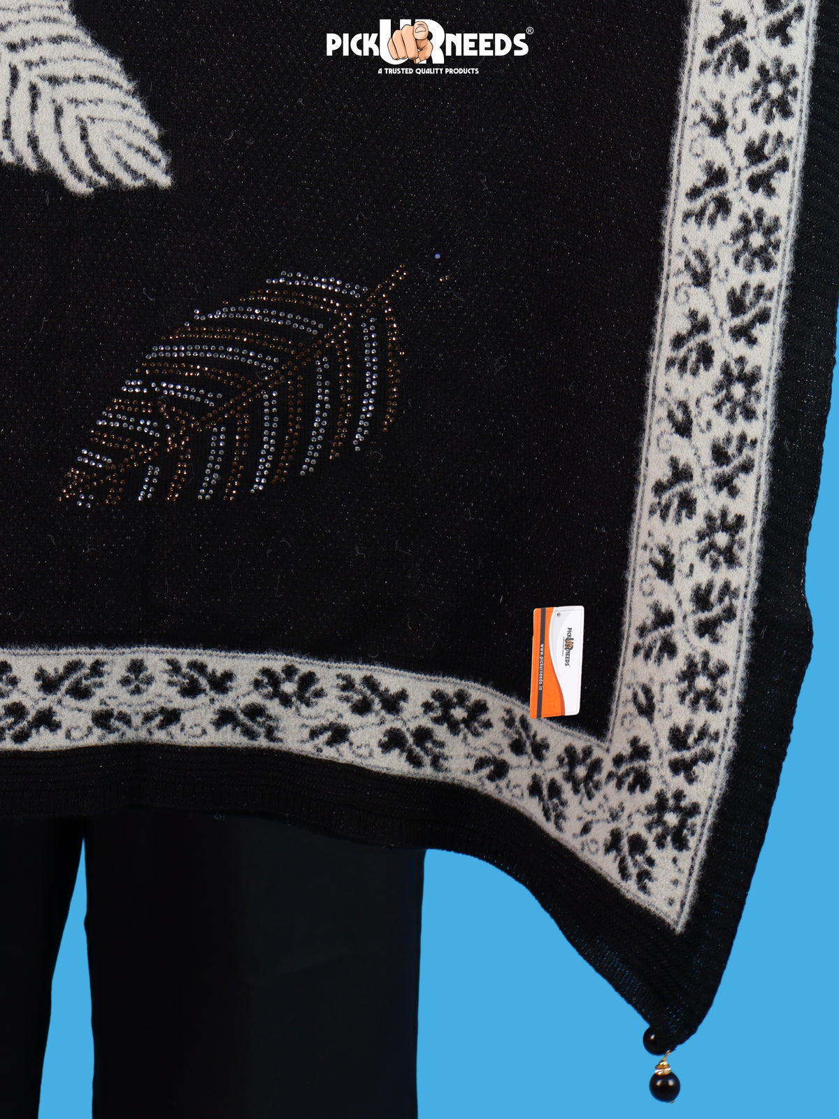 Pick Ur Needs Girls & Womens Winter Soft Lightweight Knitted Shawl with Leaf Design, Floral Border & Decorative Tassels