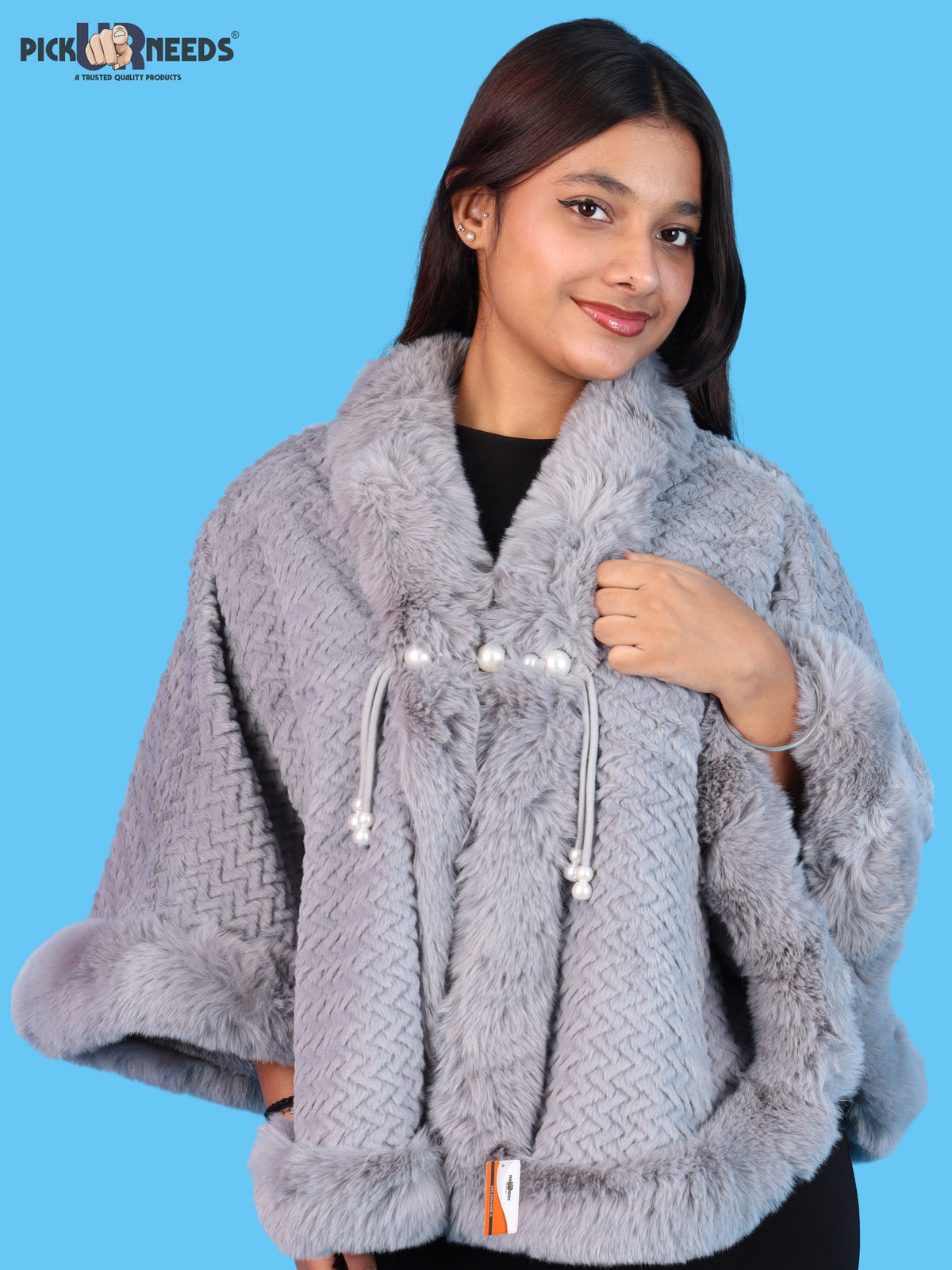Pick Ur Needs Ladies Winter Shrug with Plush Fur Style Border & Pearl Bead Accents Textured Soft Fabric Open Front Cape Poncho with Wide Sleeves for Girls & Women