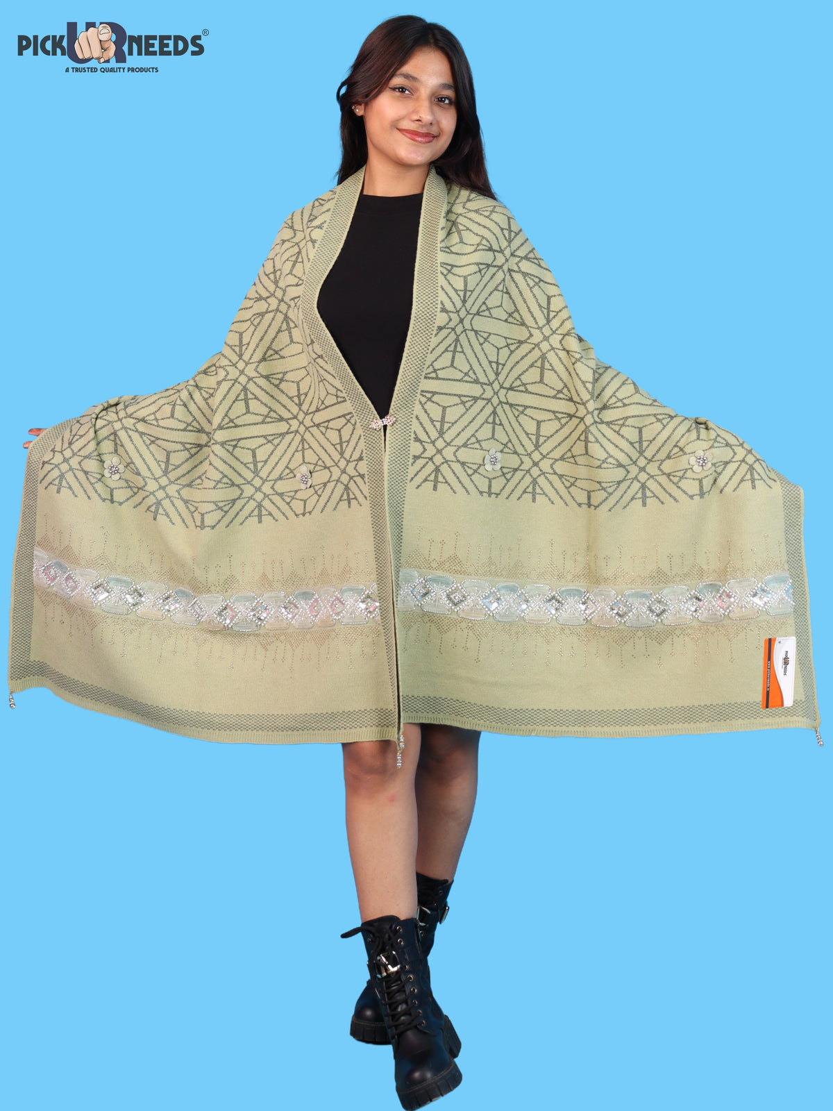 Pick Ur Needs Womens Soft Woolen Winter Girls Shawl with Elegant Geometric Design & Floral Embellishments Lightweight Warm Comfortable Ladies Shawl