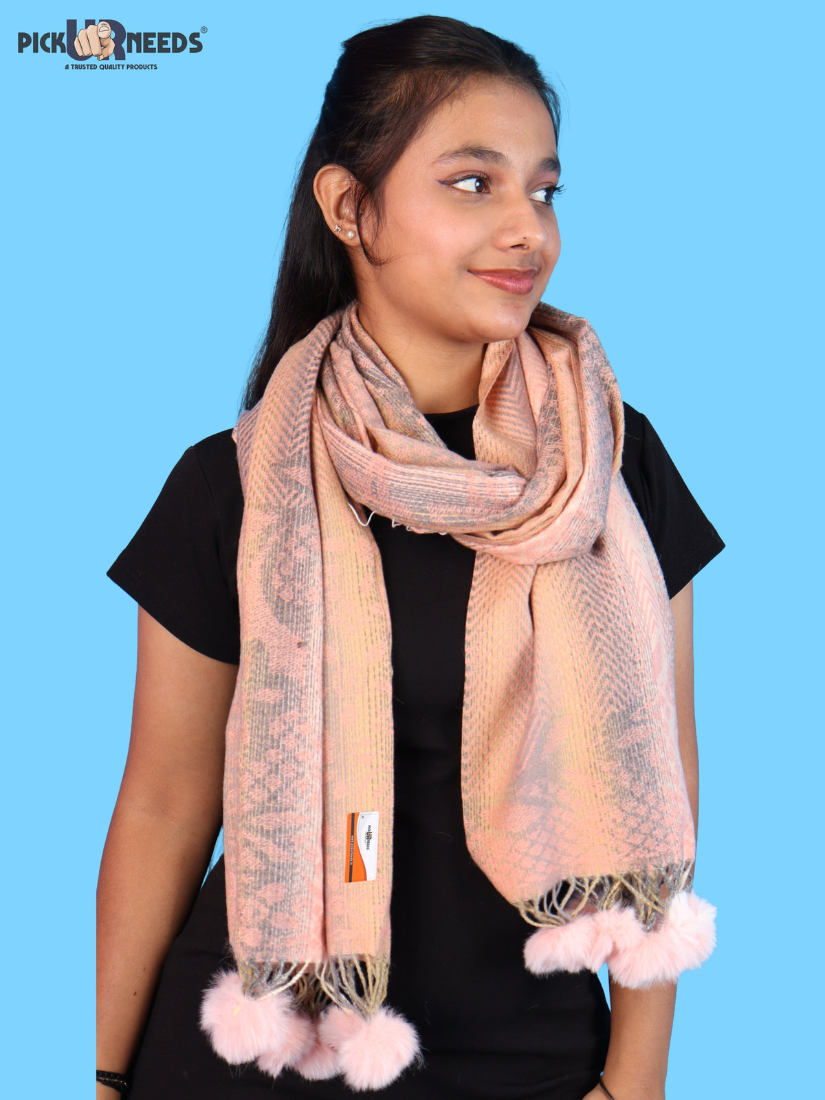 Pick Ur Needs Soft Woolen Designer Winter Shawl with Beautiful Floral Pattern & Pom Pom Tassels For Girls & Womens