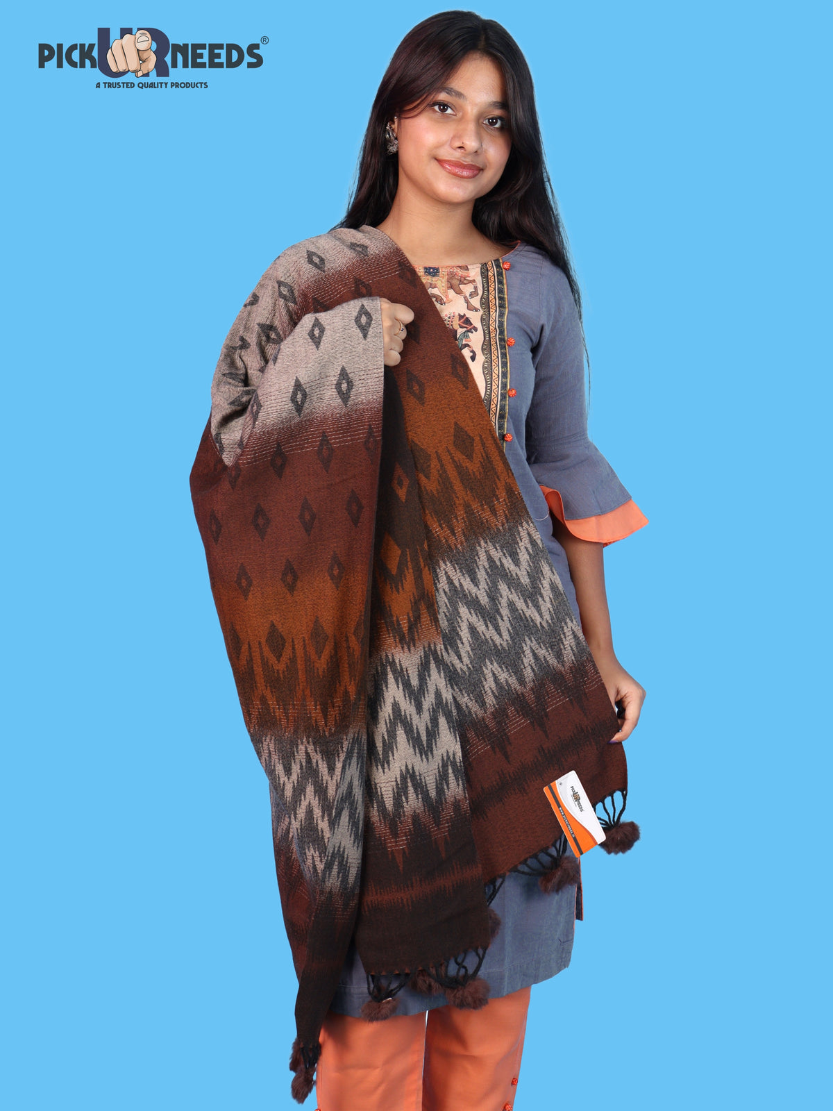 Pick Ur Needs Women Winter Shawl Soft Warm Geometric Printed Woolen Style Stole with Pom Pom Tassels Stylish Long Wrap Muffler for Women & Girls