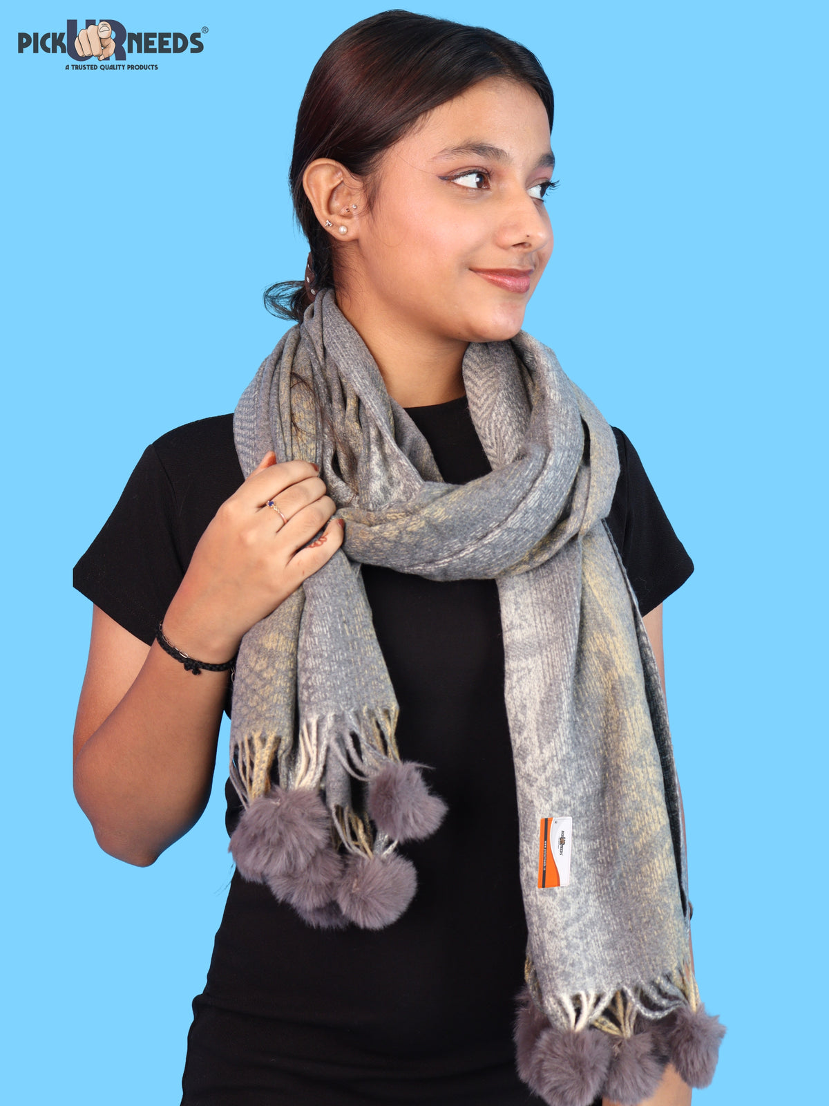 Pick Ur Needs Soft Woolen Designer Winter Shawl with Beautiful Floral Pattern & Pom Pom Tassels For Girls & Womens
