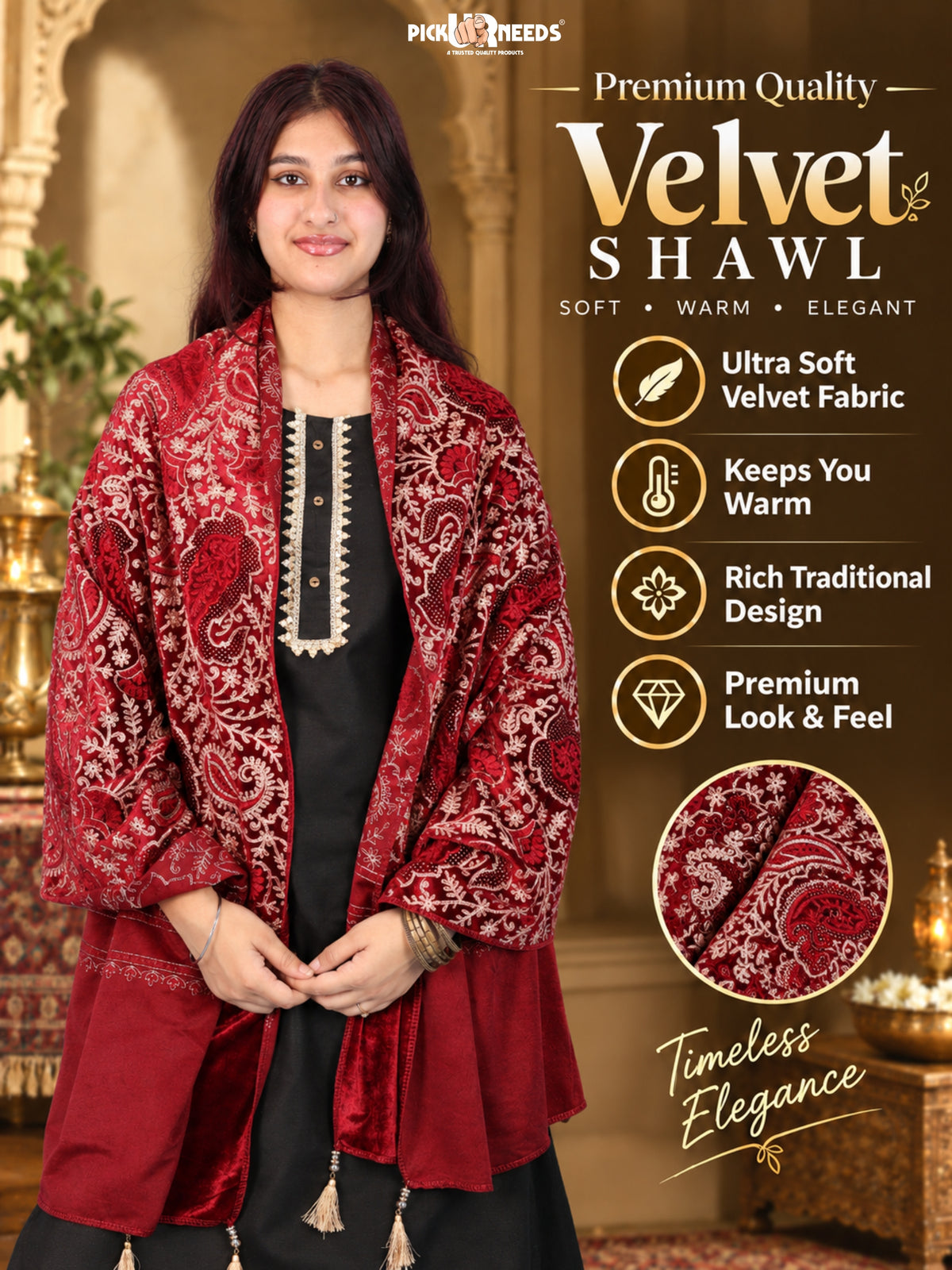 Pick Ur Needs Premium Winter Shawl for Women Ultra Soft & Cozy Warm Velvet Fabric with Rich Traditional Floral Design For Girls