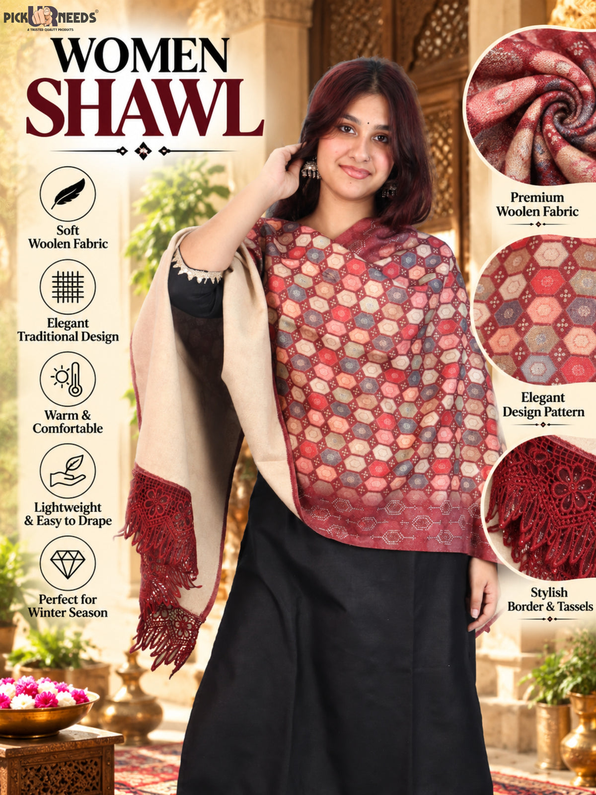 Pick Ur Needs Premium Stylish Womens & Girls Elegant Woolen Shawl Soft Warm Printed Stole with Lace Tassels