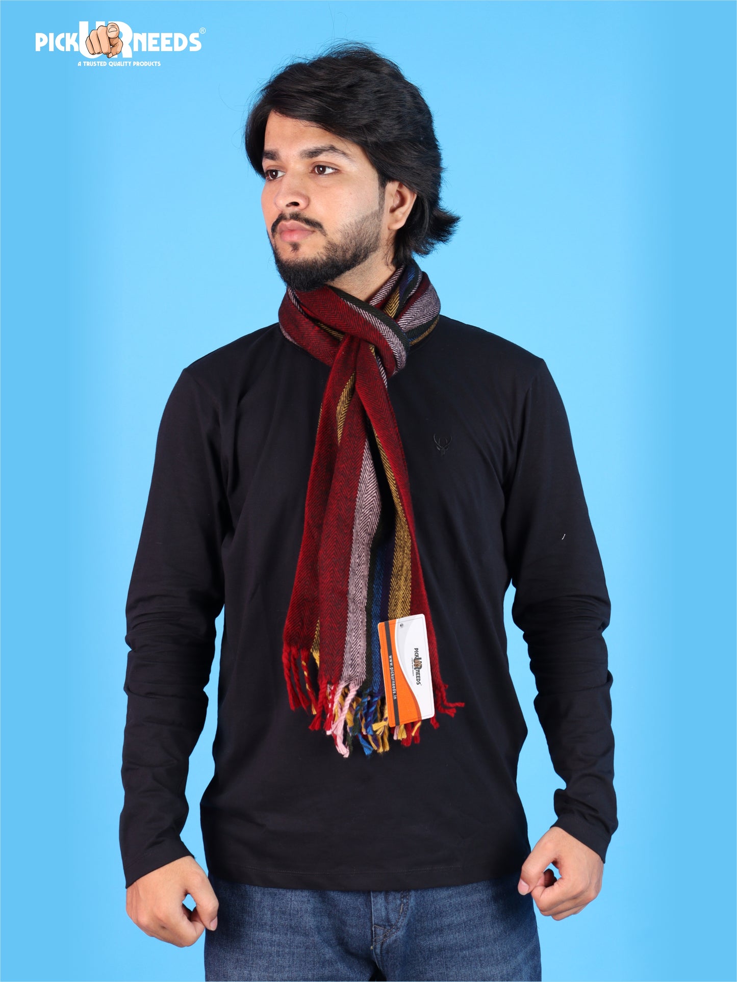 Pick Ur Needs Men's Muffler With Multi Color Strips Design Woolem Blend Fabric Stylish Tussles Ends Muffler For Men
