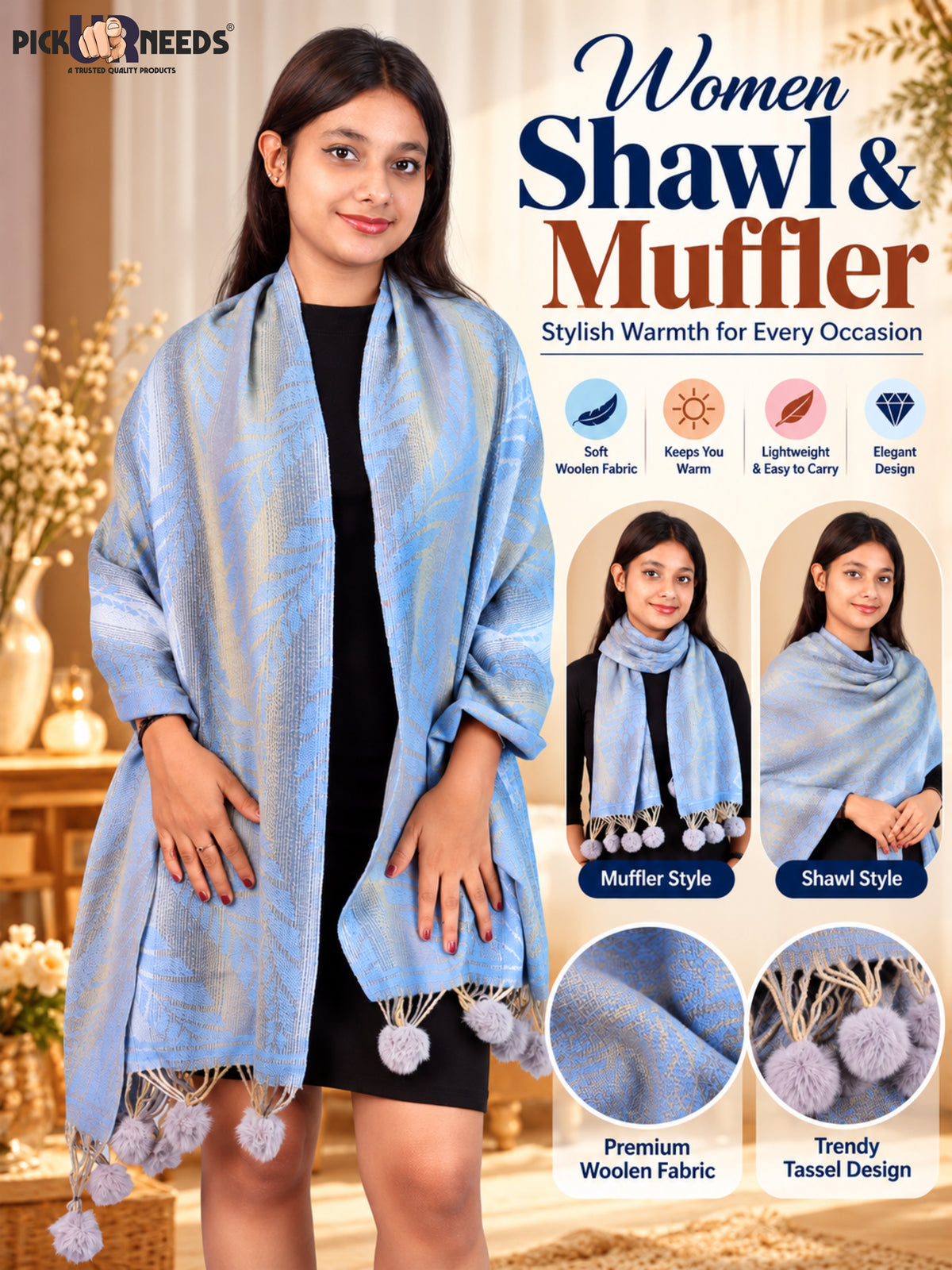 Pick Ur Needs Womens Designer Woolen Shawl & Stole with Elegant Leaf Pattern and Pom Pom Tassels, Winter Soft Warm Lightweight Winter Wrap