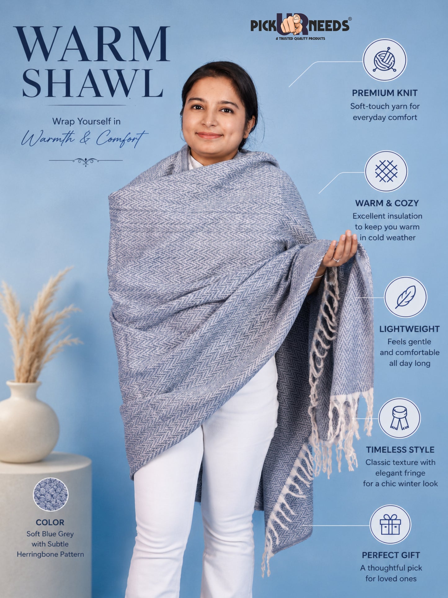 Pick Ur Needs Women’s Winter Muffler Shawl Soft & Warm Knitted Herringbone Wrap with Elegant Fringe Stole For Girls