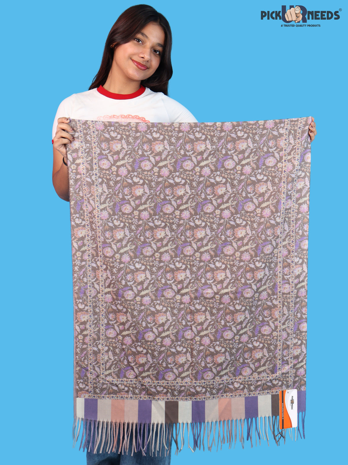 Pick Ur Needs Women & Girls Soft Woolen Shawl Elegant Floral Design Winter Neck Scarf with Decorative Border & Fringes