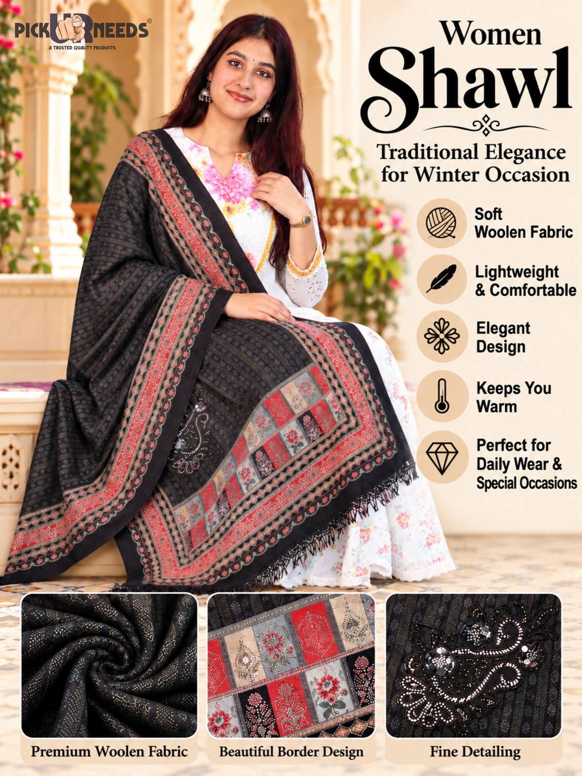 Pick Ur Needs Premium Soft Woolen Women & Girls Stylish Shawl with Elegant Design for Winter & Wedding