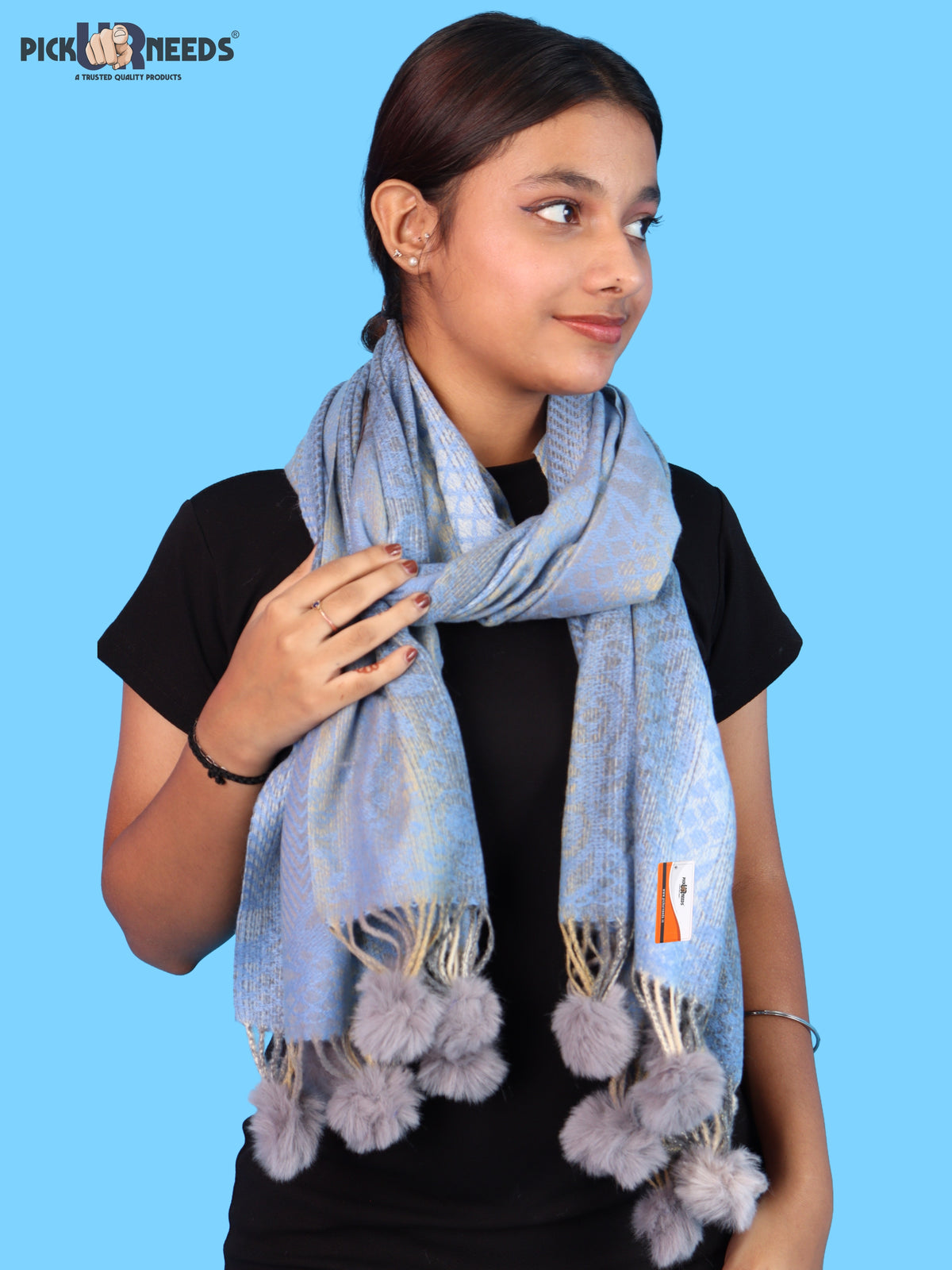 Pick Ur Needs Soft Woolen Designer Winter Shawl with Beautiful Floral Pattern & Pom Pom Tassels For Girls & Womens