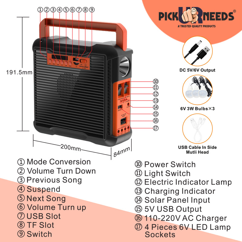 Pick Ur Needs Emergency Solar Power Set, Mini Generator With Bluetooth Speaker, Phone Charging 10 hrs Lantern Emergency Light  (Black)