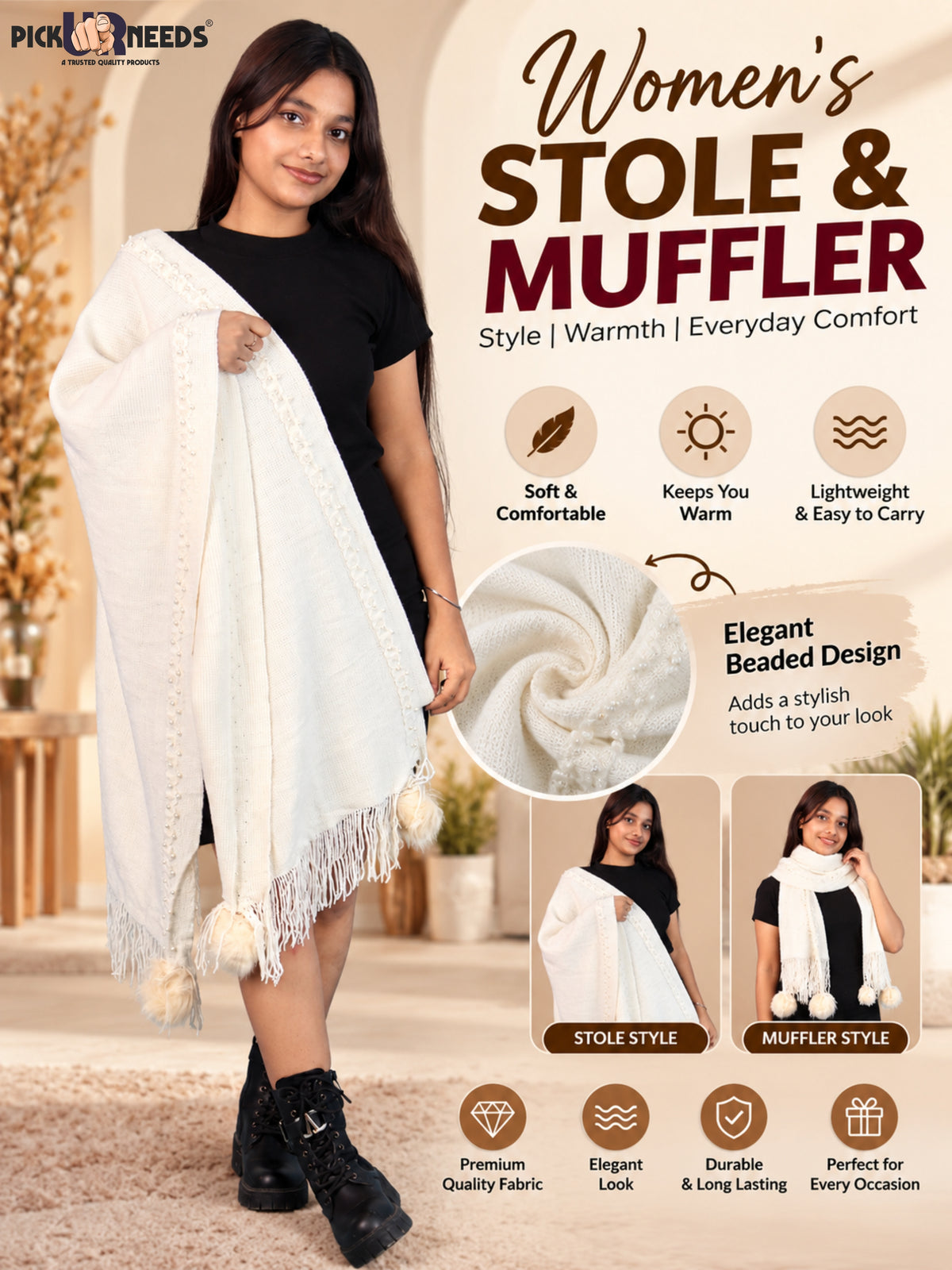Pick Ur Needs Women & Girls Elegant Woolen Shawl with Beaded Border & Fringed Ends, Soft Warm Lightweight Winter Wrap Stole