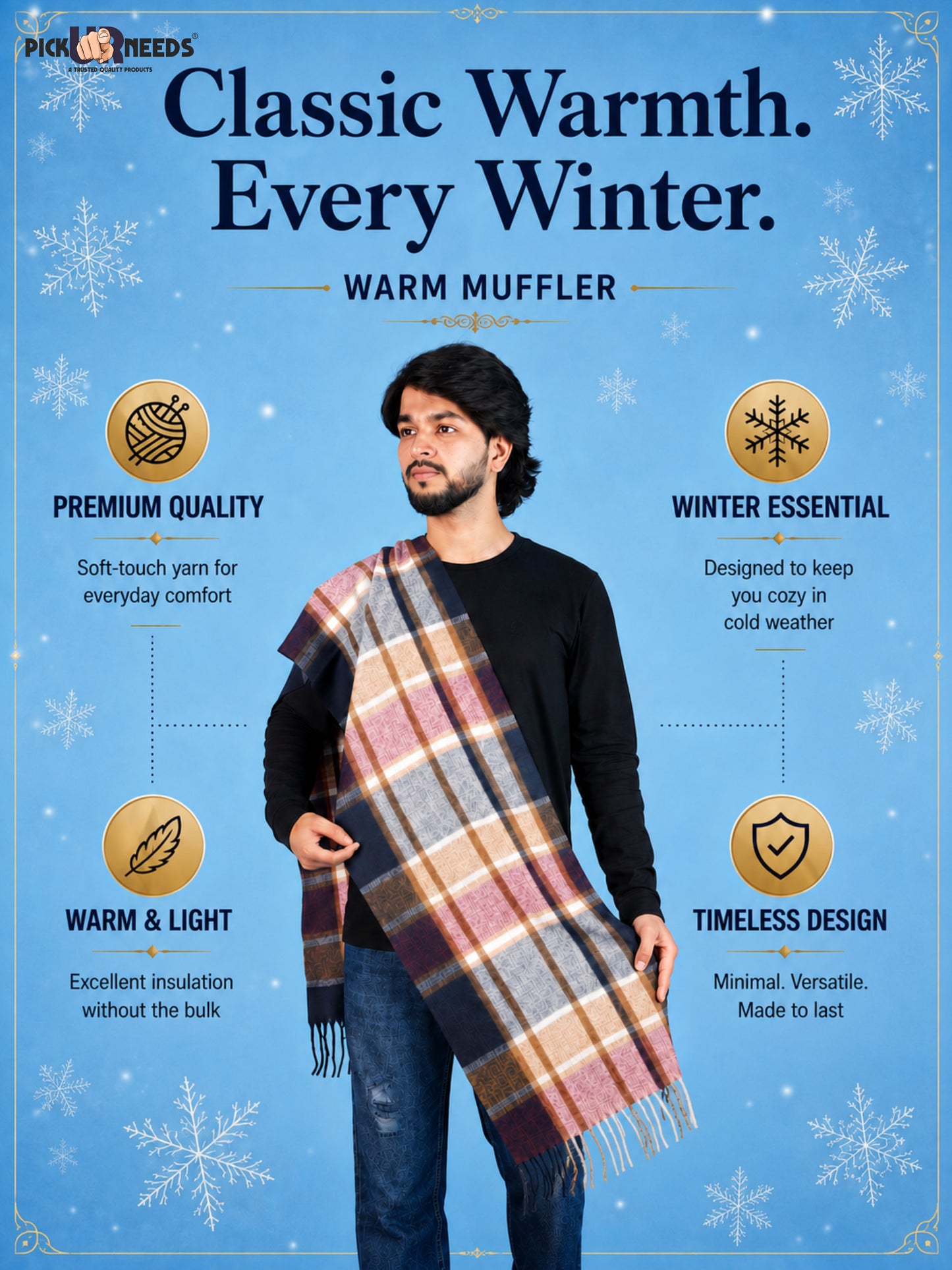 Pick Ur Needs Men’s Winter Muffler Shawl Soft Warm Checkered Scarf with Fringes  Stylish Neck Wrap for Men & Boys  Winter Wear Accessory