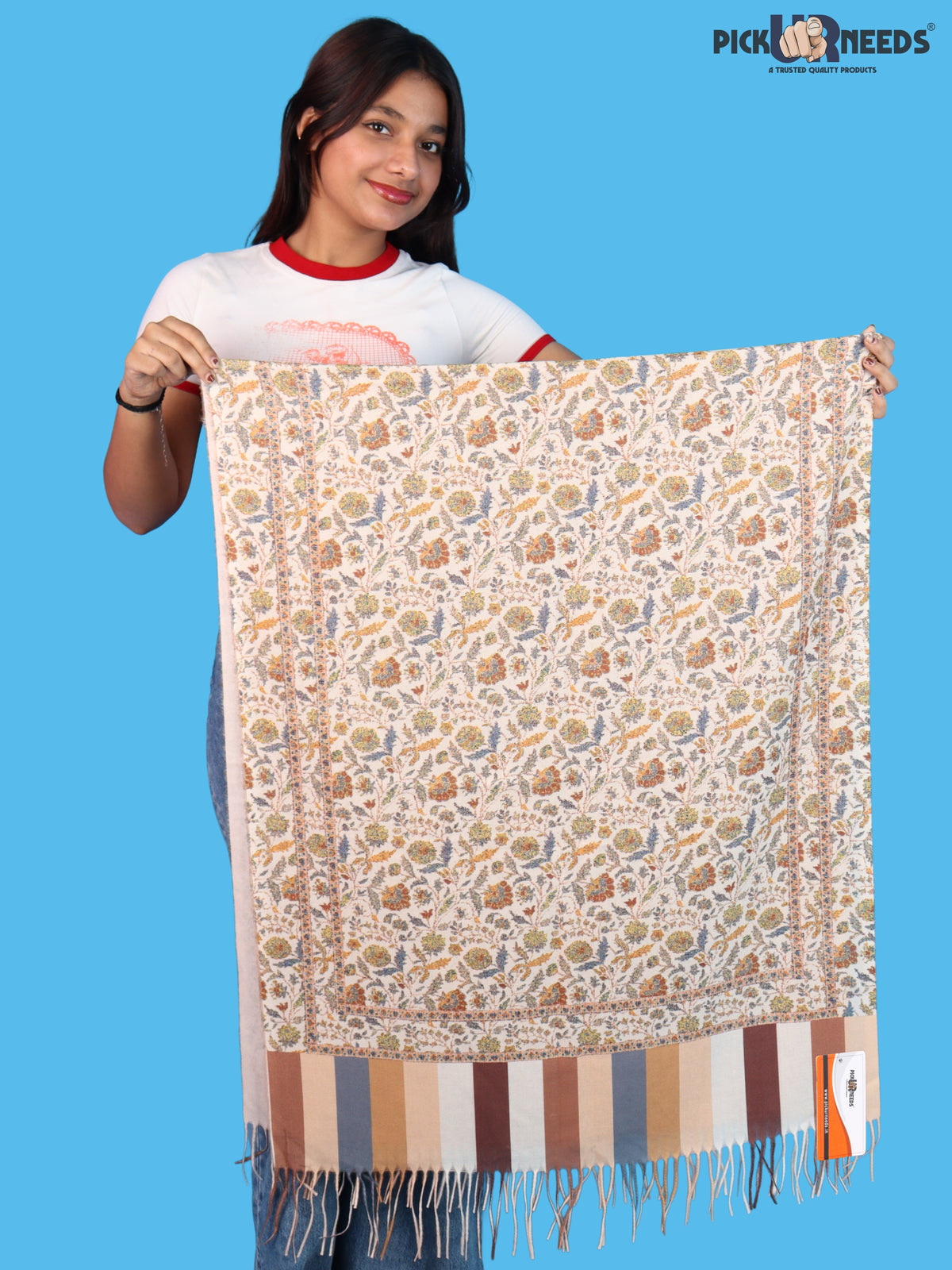 Pick Ur Needs Women & Girls Soft Woolen Shawl Elegant Floral Design Winter Neck Scarf with Decorative Border & Fringes