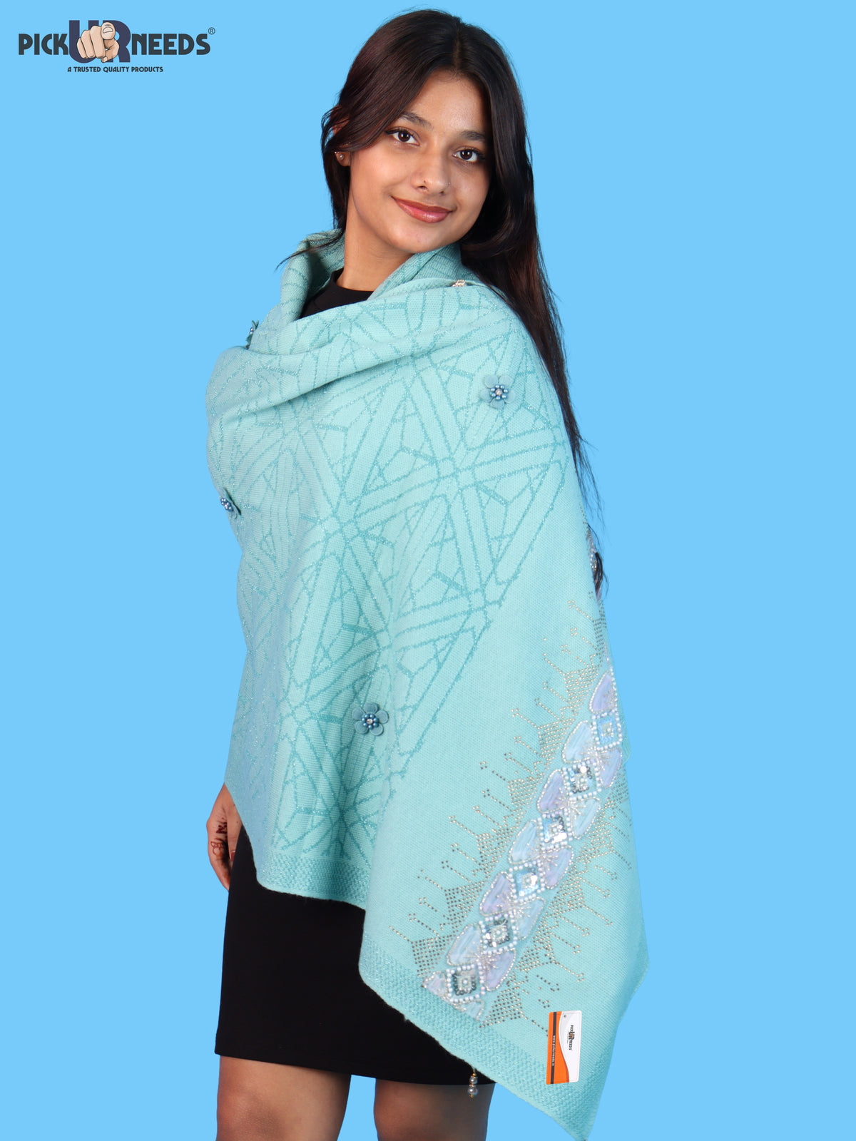 Pick Ur Needs Womens Soft Woolen Winter Girls Shawl with Elegant Geometric Design & Floral Embellishments Lightweight Warm Comfortable Ladies Shawl