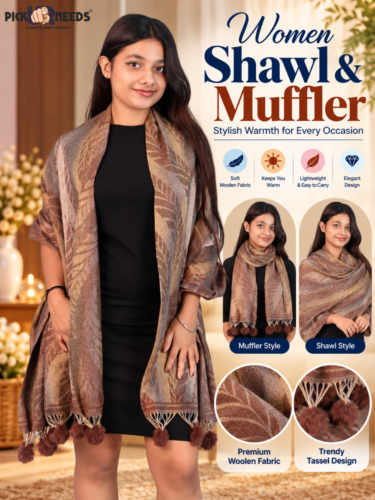 Pick Ur Needs Womens Designer Woolen Shawl & Stole with Elegant Leaf Pattern and Pom Pom Tassels, Winter Soft Warm Lightweight Winter Wrap
