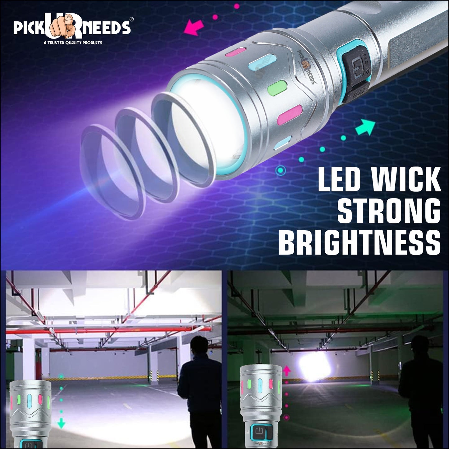Pick Ur Needs Rechargeable 100W Small Search Metal Torch+3 Brightness Mode+Side RWB COB LED 3 hrs Torch Emergency Light