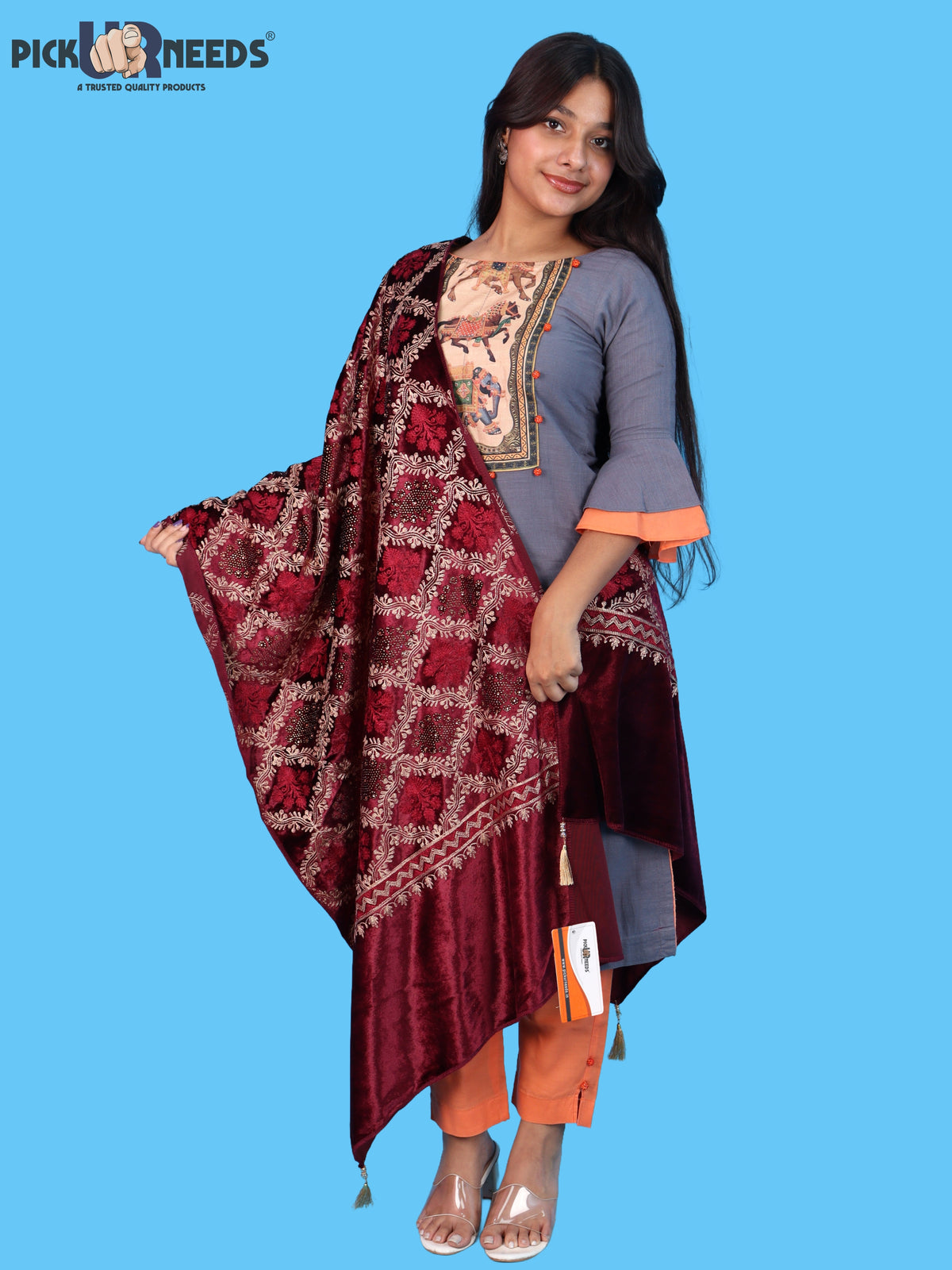 Pick Ur Needs Womens Velvet Woolen Girls Shawl with Elegant Embroidered Design, Warm Winter Wrap for Wedding Parties, Festive Occasions