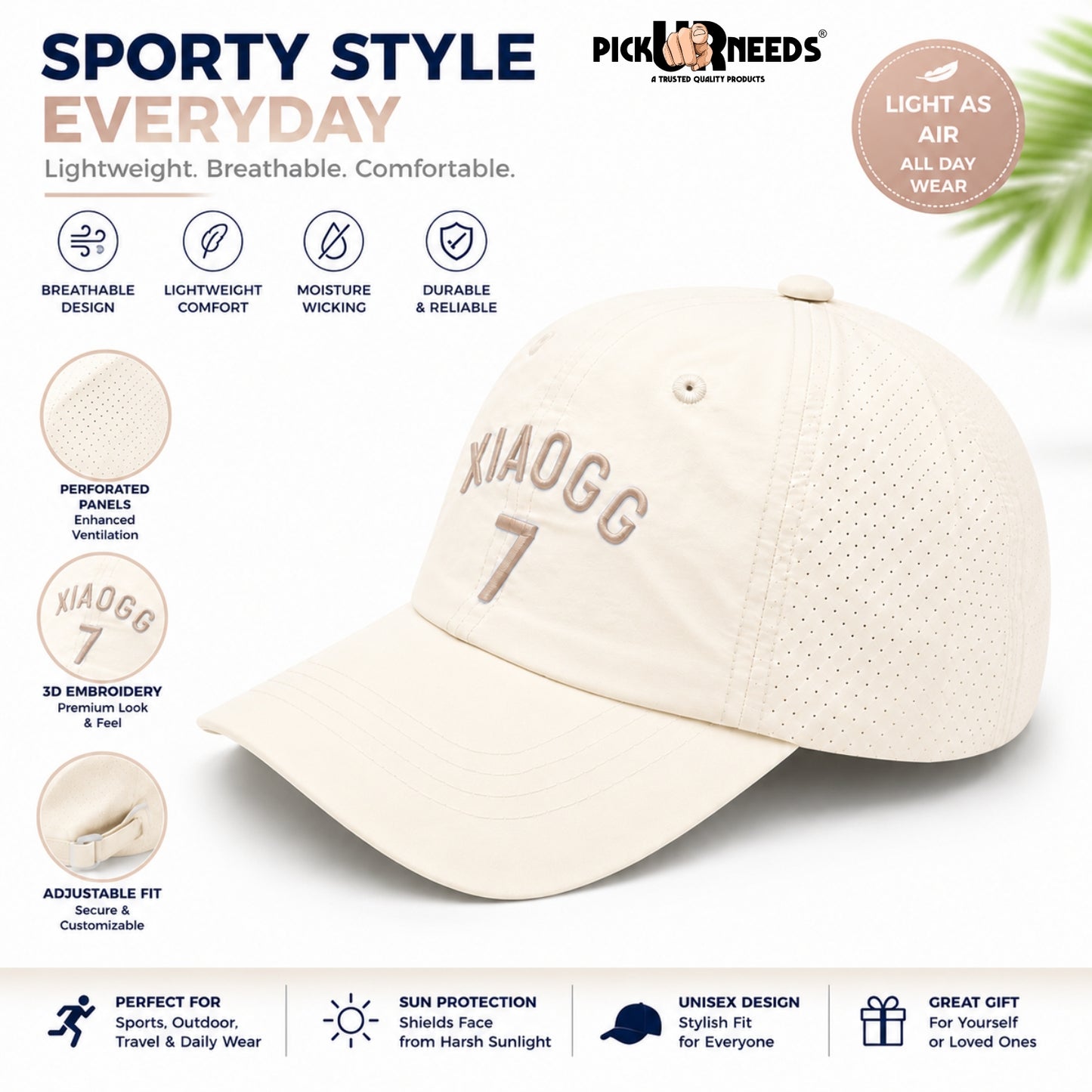 Pick Ur Needs Lightweight Baseball Cap, Breathable Perforated Panels, 3D Embroidery, Adjustable Fit, Sun Protection Unisex, Sports & Outdoor