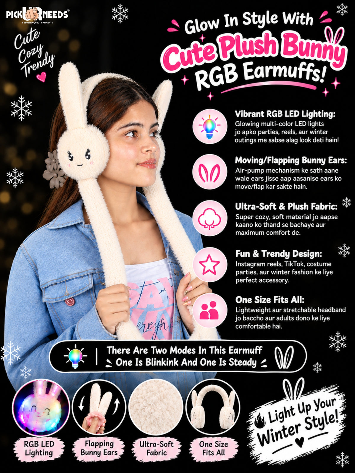 Pick Ur Needs Plush Bunny Cute Earmuffs for Girls & Women with RGB LED Lights,Ultra Soft Warm Winter Moving Flapping Ears Muffs