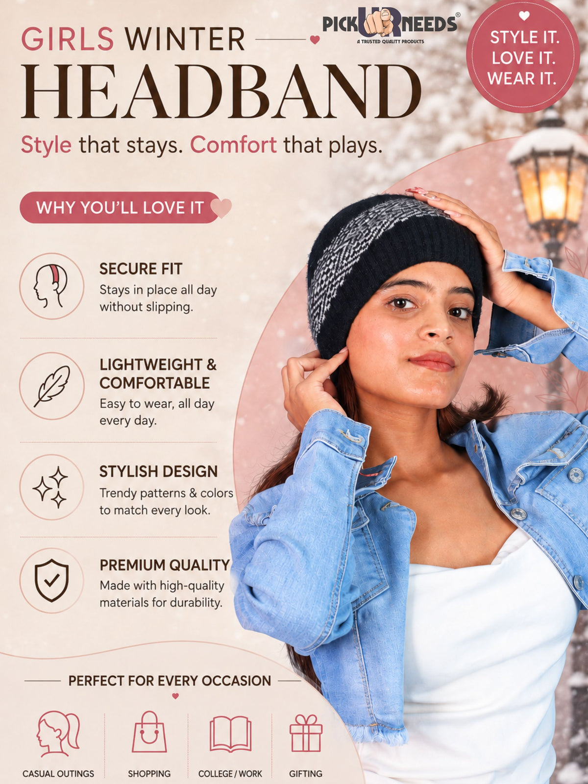 Pick Ur Needs Unisex Winter Headband Ear Warmer For Women & Men Soft Stretch Warm Head Wrap with Geometric Pattern