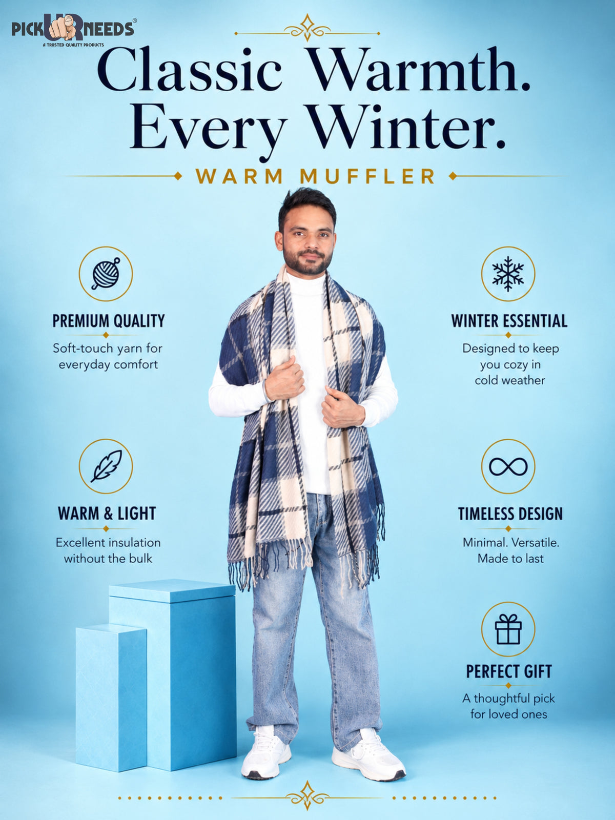 Pick Ur Needs Premium Winter Shawl & Muffler for Men & Boys | Soft Warm Checkered Pattern Woolen Style Stole Stylish Long Scarf with Fringed Ends Comfortable Neck Wrap for Winter Wear