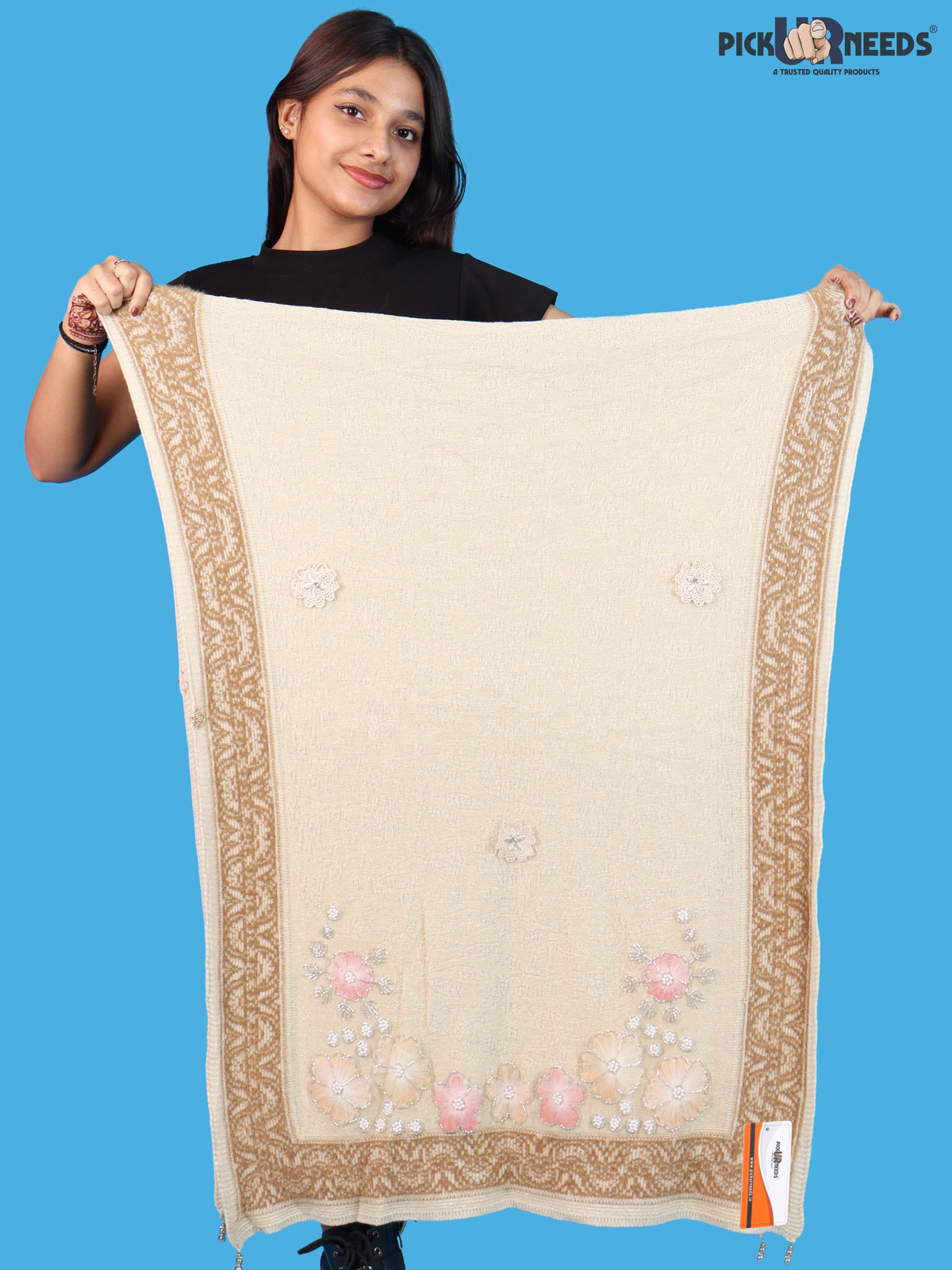 Pick Ur Needs Winter Woolen Womens Open Front Stylish Shrug with Elegant Floral Embroidery & Designer Border Soft Warm for Ladies & Girls