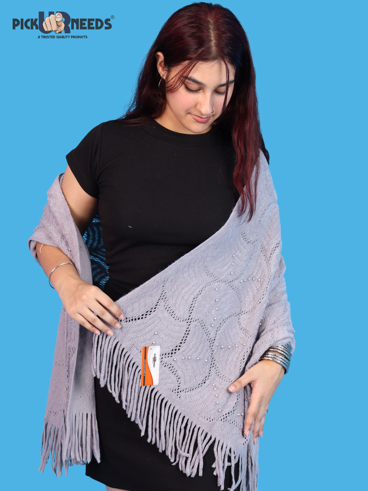 Pick Ur Needs Women & Girls Winter Warm Woolen Muffler with Pearl Work & Fringes – Soft Stylish Wrap