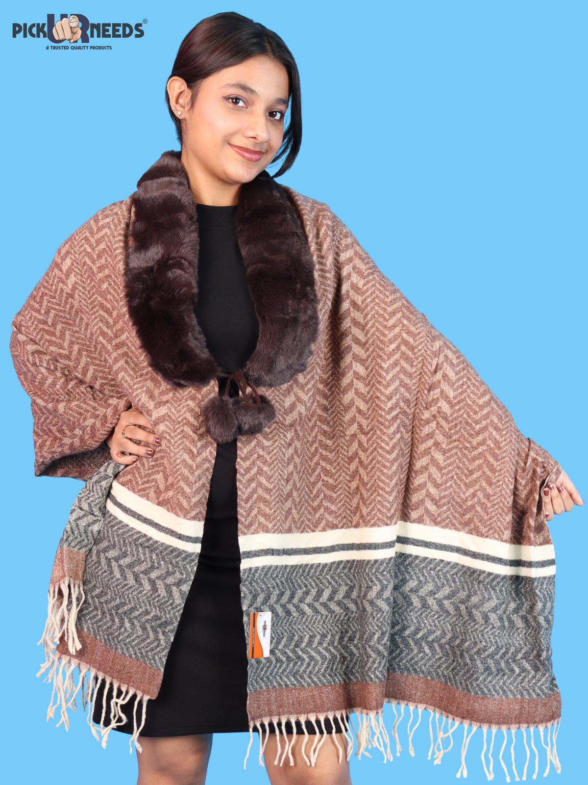Pick Ur Needs Womens & Girls Designer Winter Shawl with Plush Fur Neckline & Patterned Border Soft Cozy Ladies Shoulder Wrap with Fringed Edges & Pom Pom Tassels