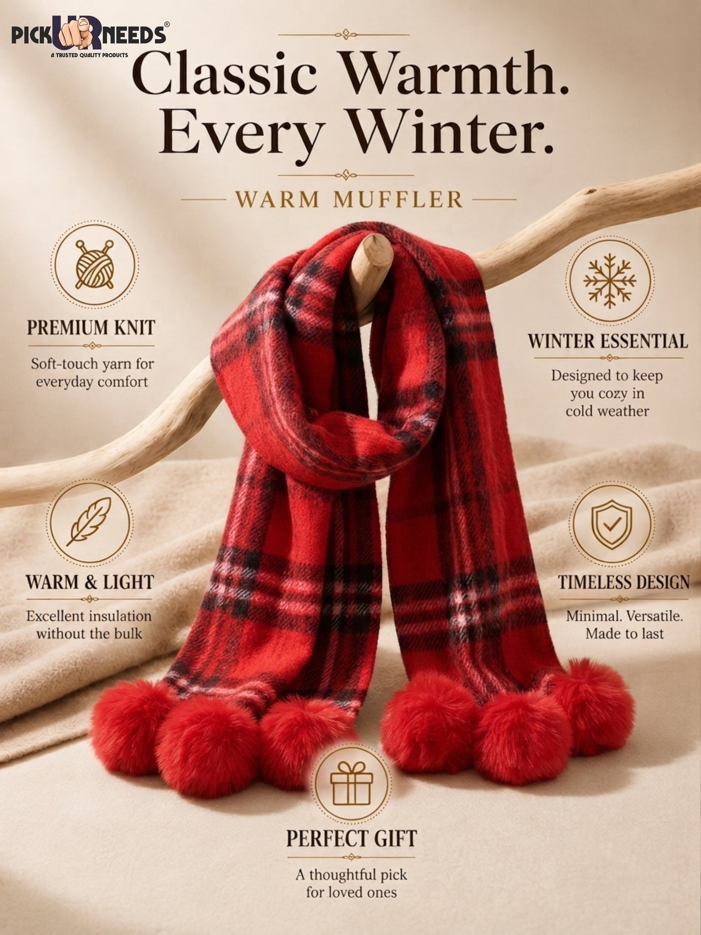 Pick Ur Needs Women’s Winter Scarf for Stylish & Comfortable Girls Wear Soft Warm Printed Muffler with Fringe & Pom Pom Detailing