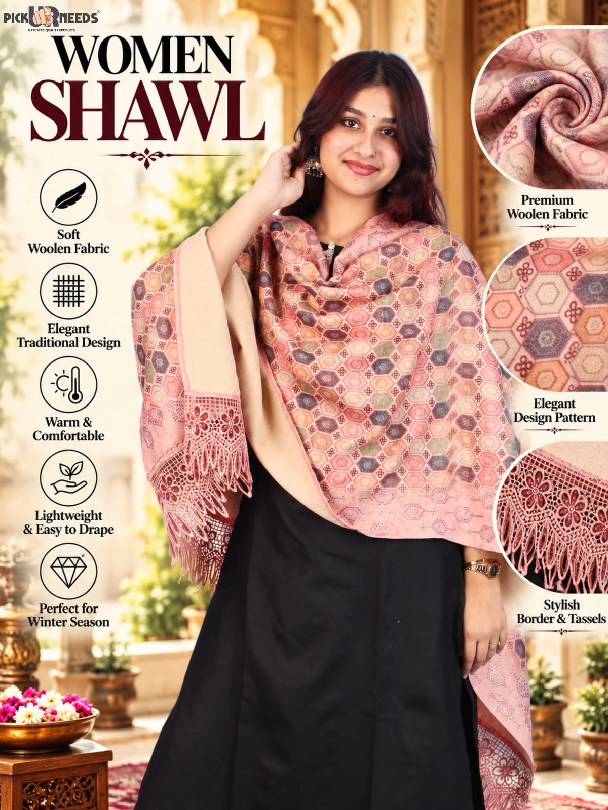 Pick Ur Needs Premium Stylish Womens & Girls Elegant Woolen Shawl Soft Warm Printed Stole with Lace Tassels